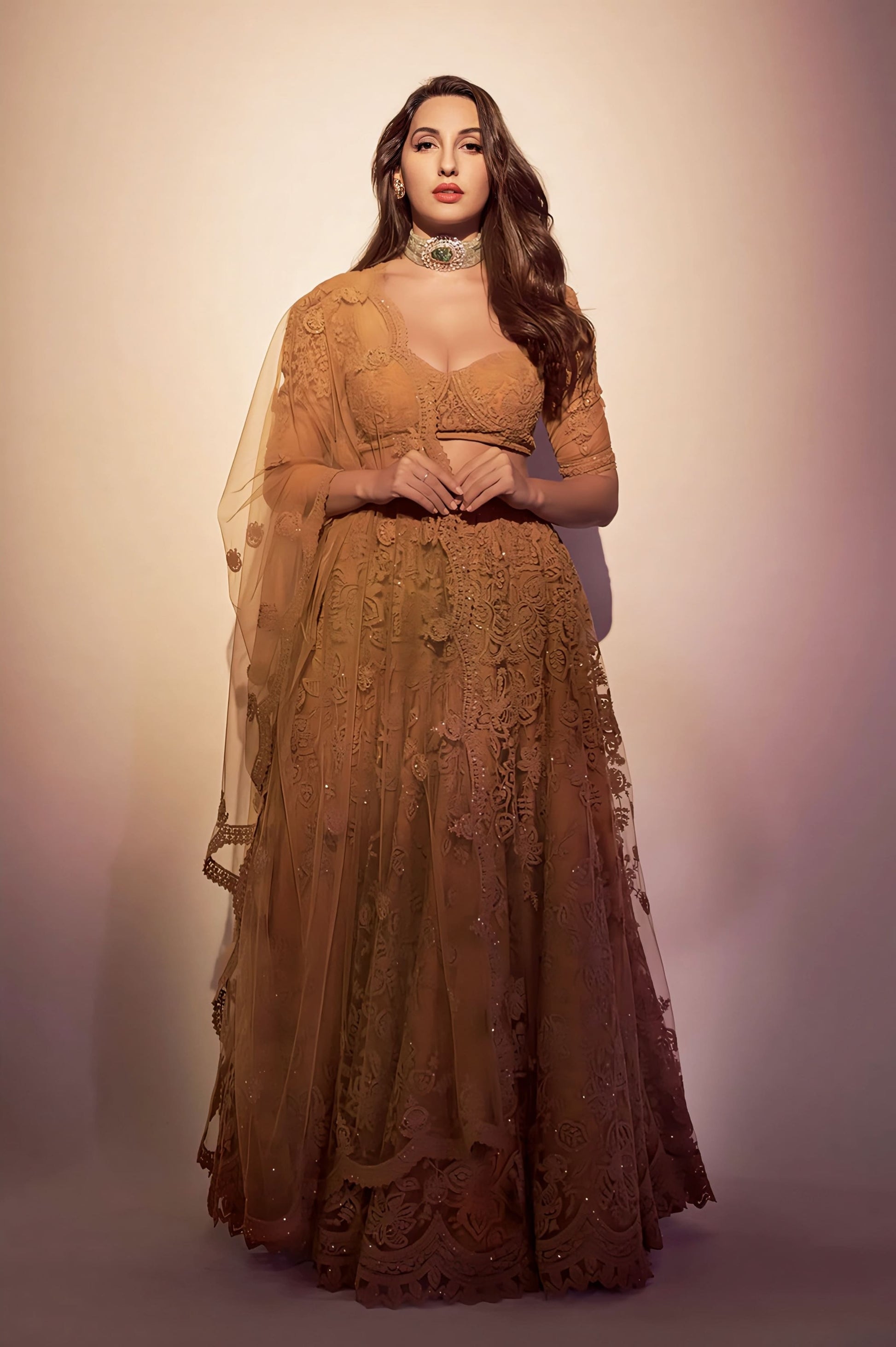 Yellow embroidered butterfly net lehenga with organza dupatta inspired by Nora Fatehi