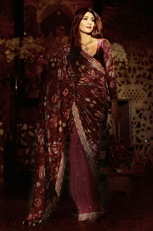 Red silk velvet saree with embroidery and digital print inspired by Shilpa Shetty Kundra