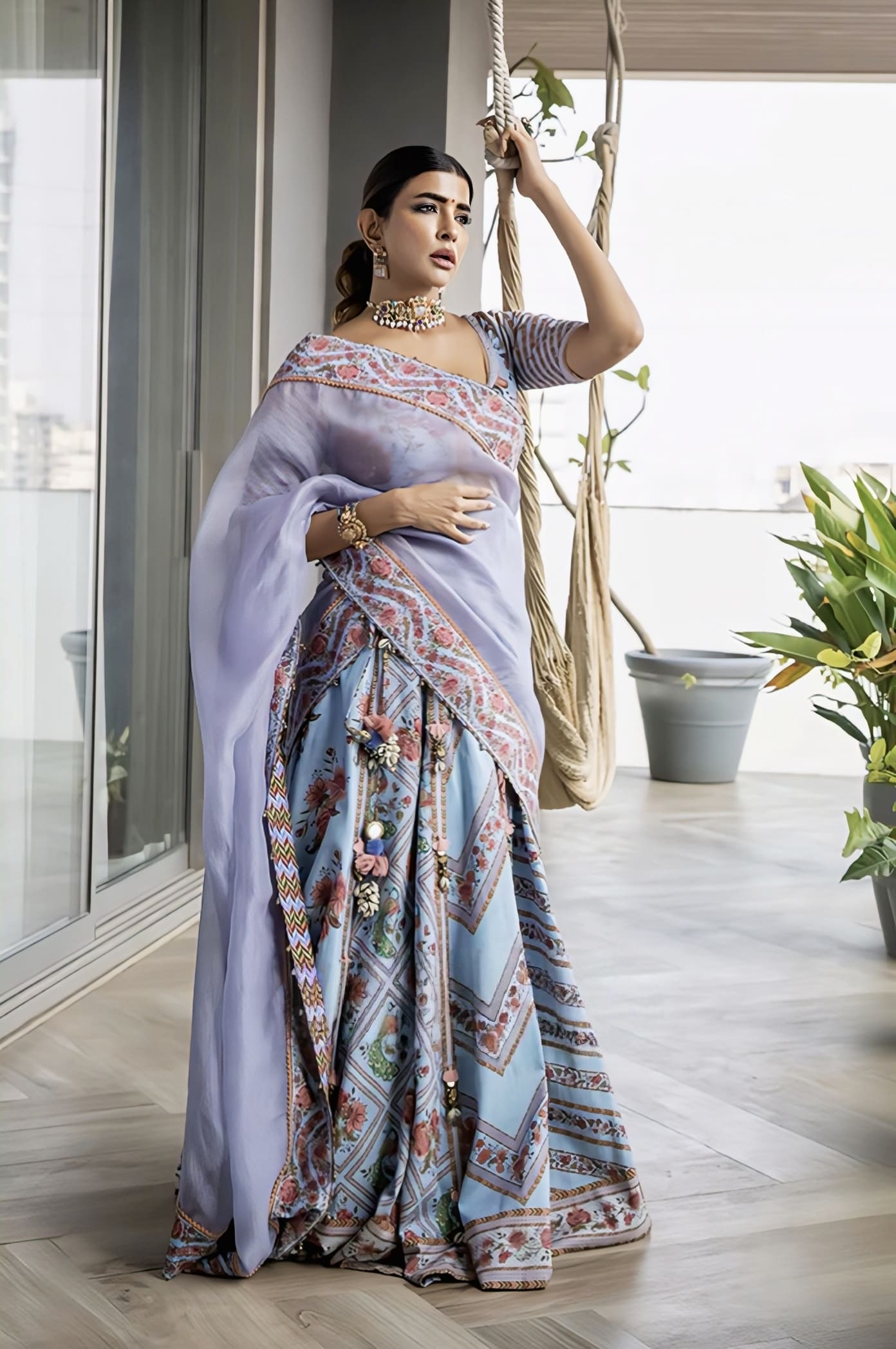 Blue handwoven Chanderi lehenga with digital and block print inspired by Lakshmi Manchu