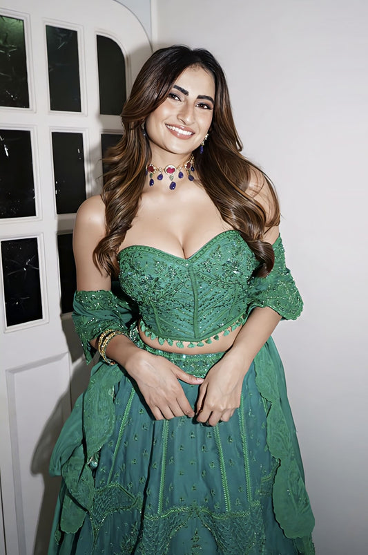 Palak Tiwari in Parnabha Ayra Lehenga Set – Green Organza Silk Embroidered Designer Lehenga