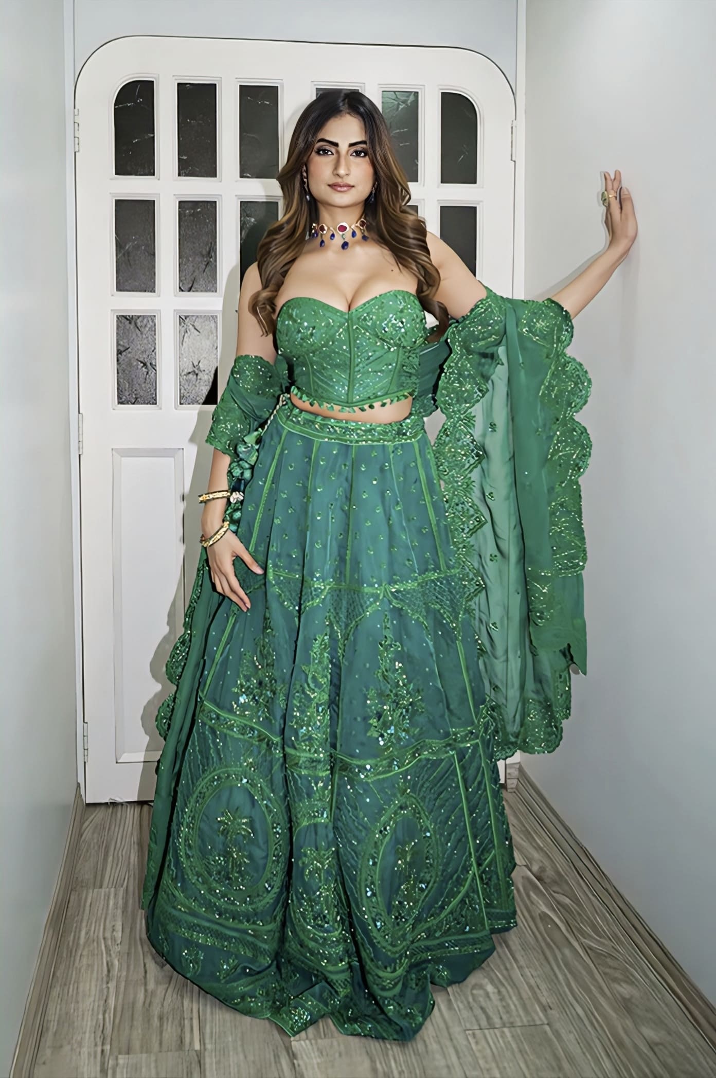Green organza silk embroidered lehenga with corset inspired by Palak Tiwari