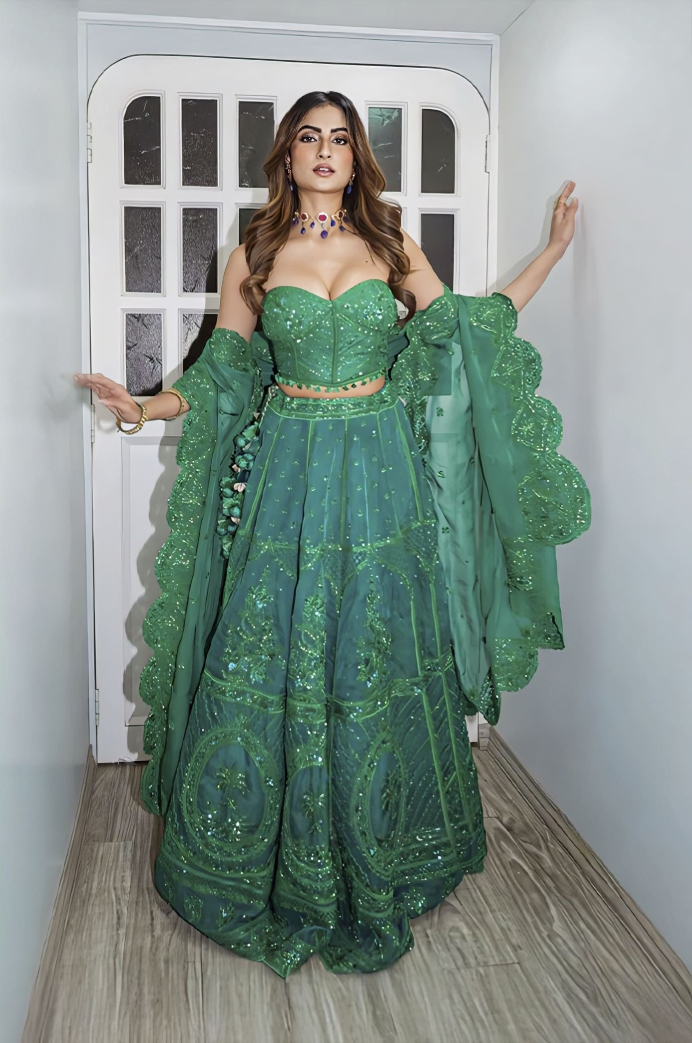 Palak Tiwari in Parnabha Ayra Lehenga Set – Green Organza Silk Embroidered Designer Lehenga