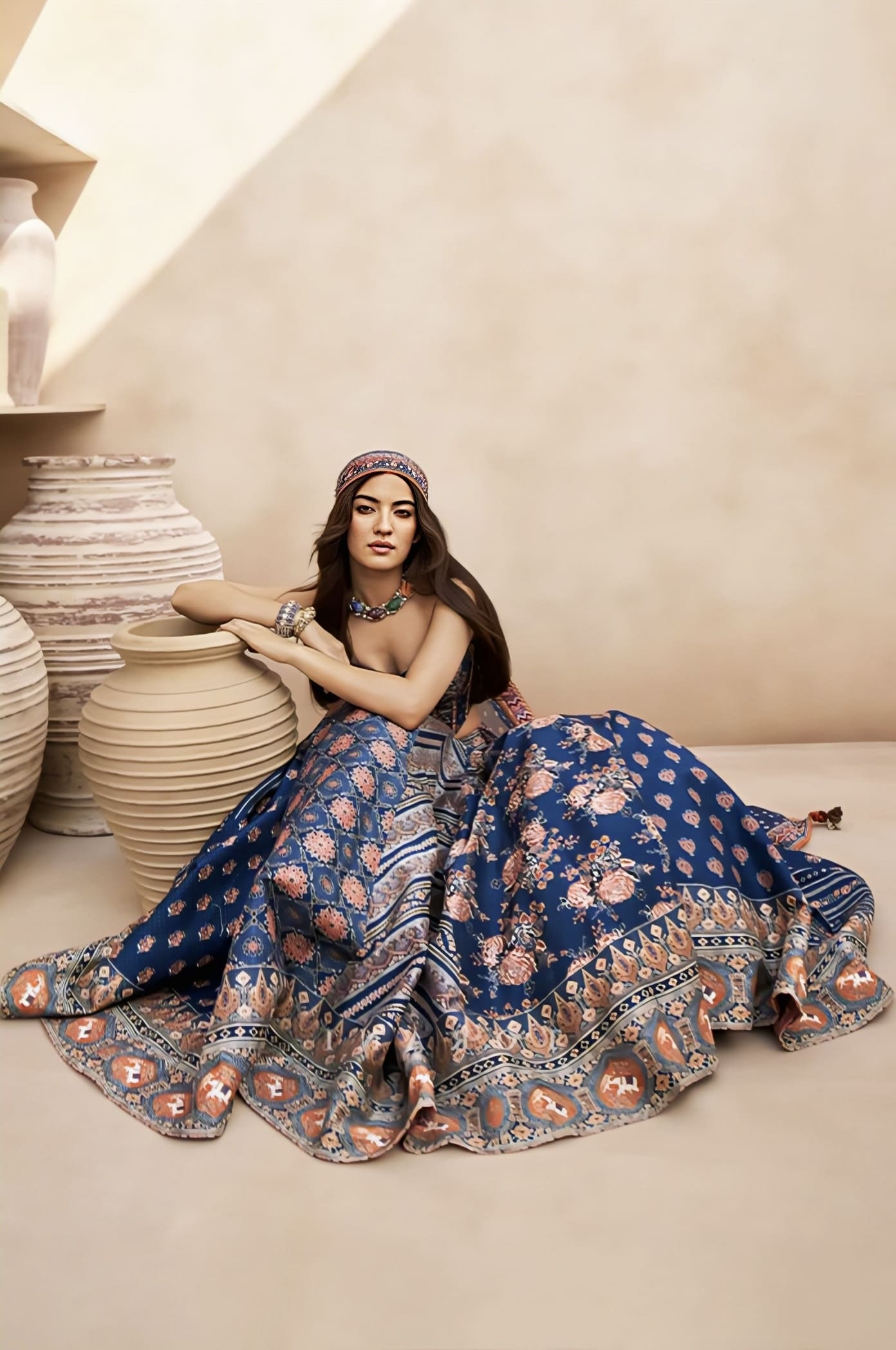 Dark blue Jeni silk lehenga with digital print inspired by Pratibha Ranta