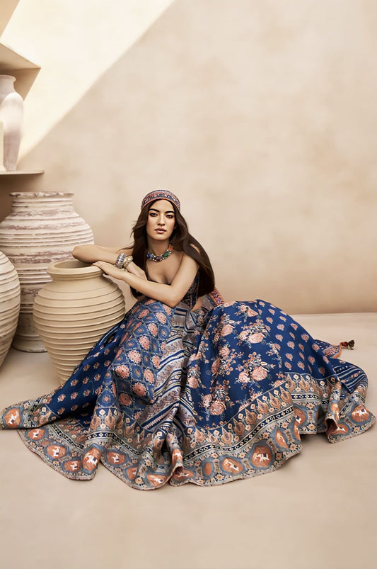 Dark blue Jeni silk lehenga with digital print inspired by Pratibha Ranta