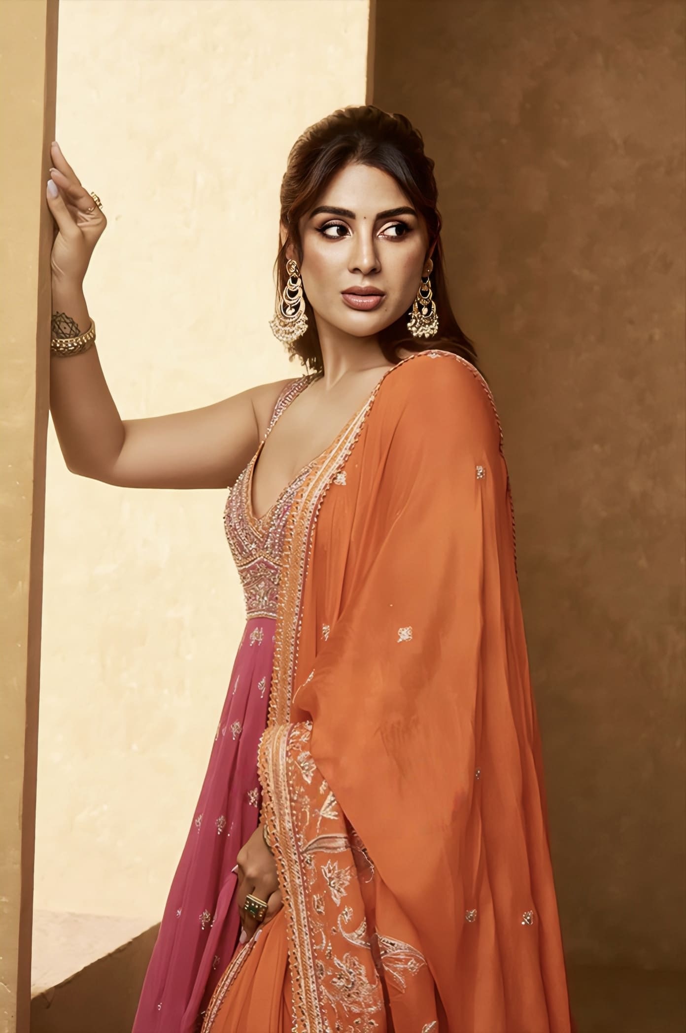 Samyuktha in Padma Zohra Anarkali Set – Pink & Orange Muslin Silk Embroidered Designer Anarkali