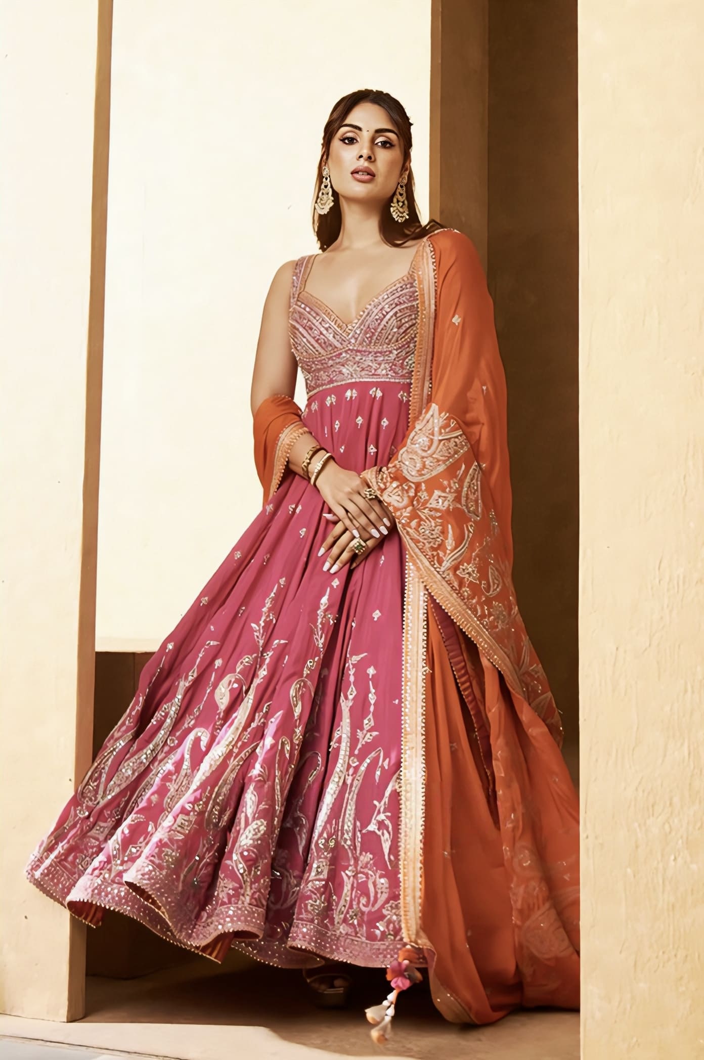 Pink and orange embroidered Anarkali with dupatta inspired by Samyuktha Menon