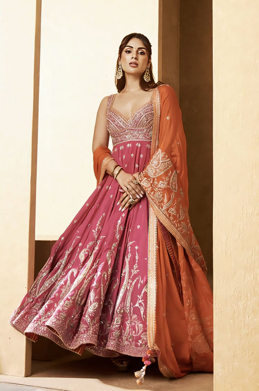 Pink and orange embroidered Anarkali with dupatta inspired by Samyuktha Menon