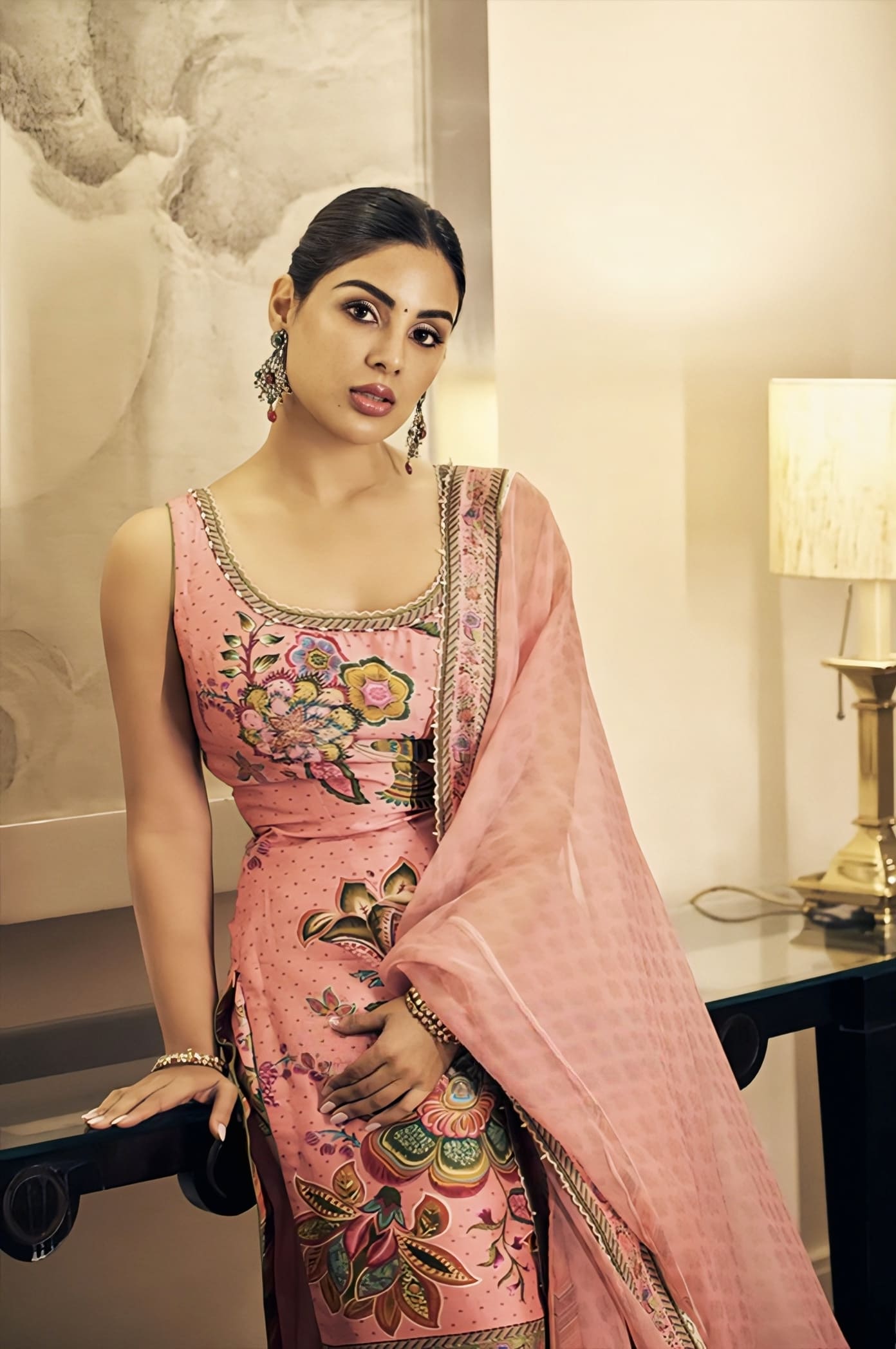 Pink silk Kota kurta with embroidery and digital print inspired by Samyuktha Menon