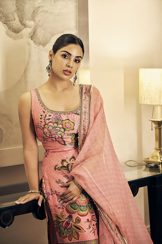 Pink silk Kota kurta with embroidery and digital print inspired by Samyuktha Menon