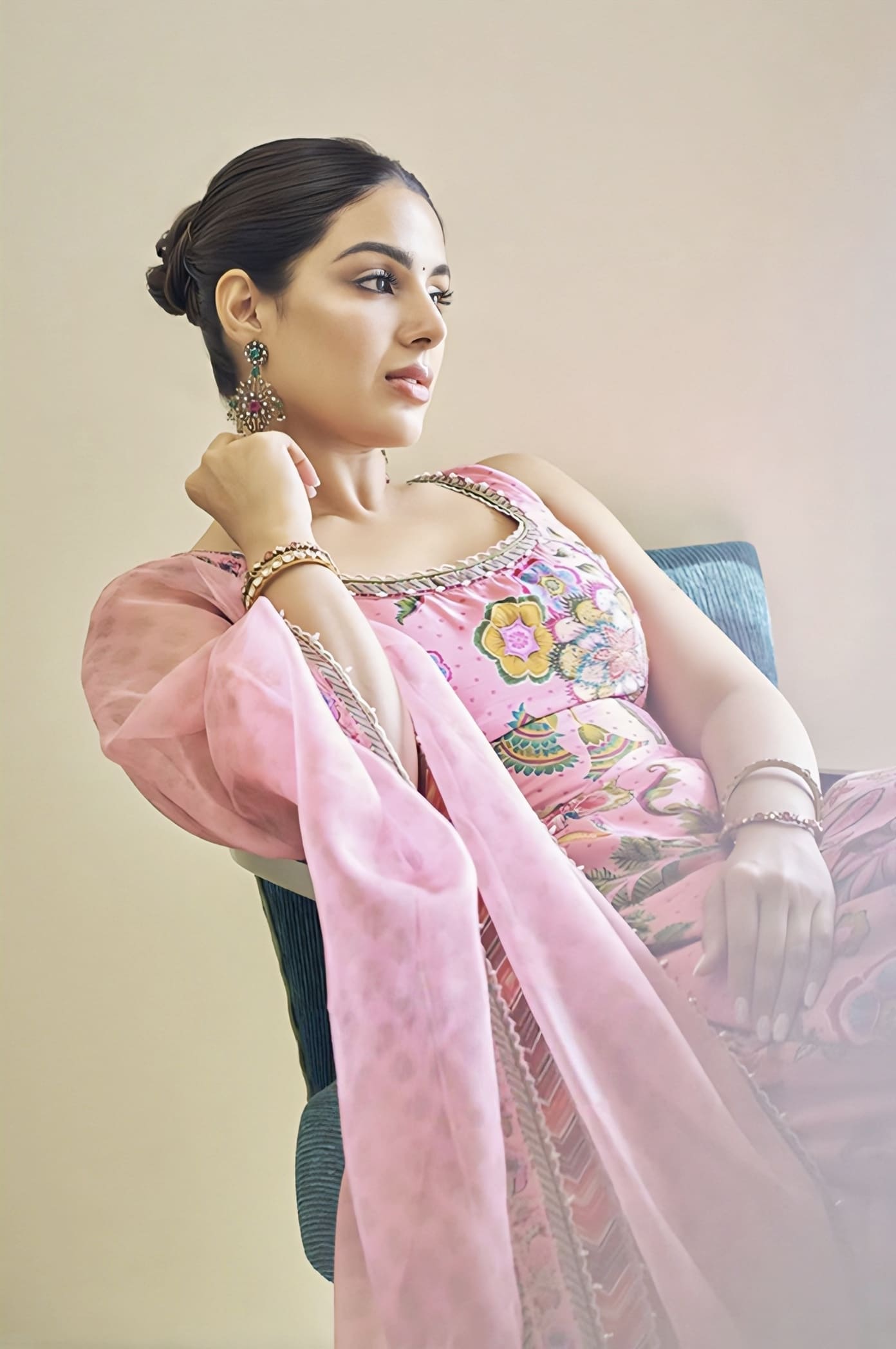 Samyuktha in Pankaja Anvita Kurta Set – Pink Silk Kota Embroidered Designer Kurta Set