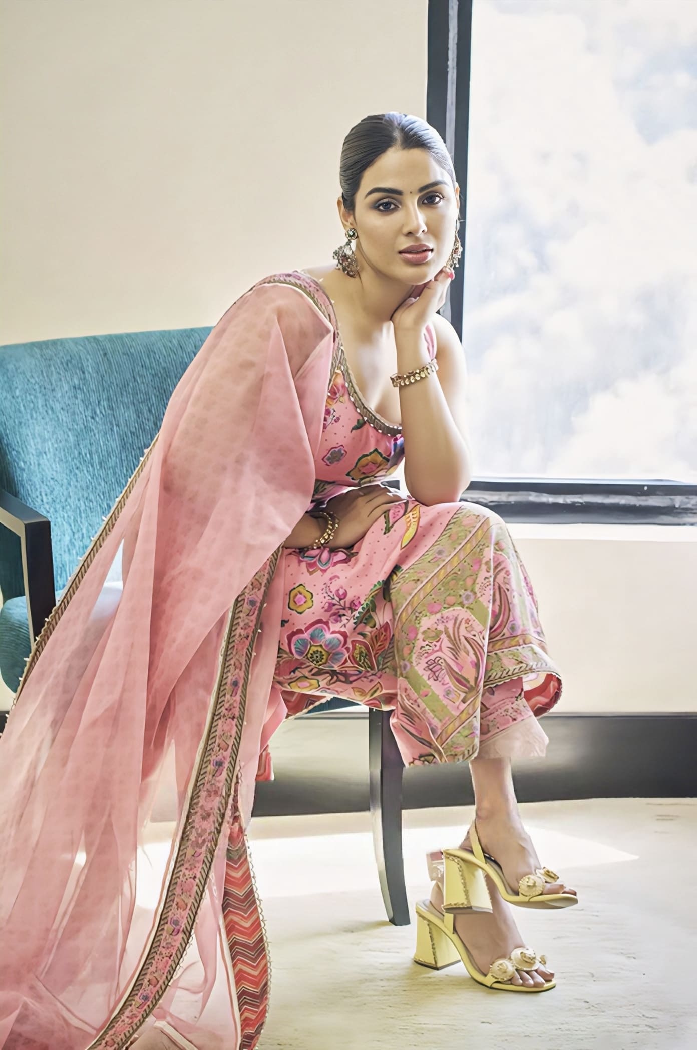 Samyuktha in Pankaja Anvita Kurta Set – Pink Silk Kota Embroidered Designer Kurta Set