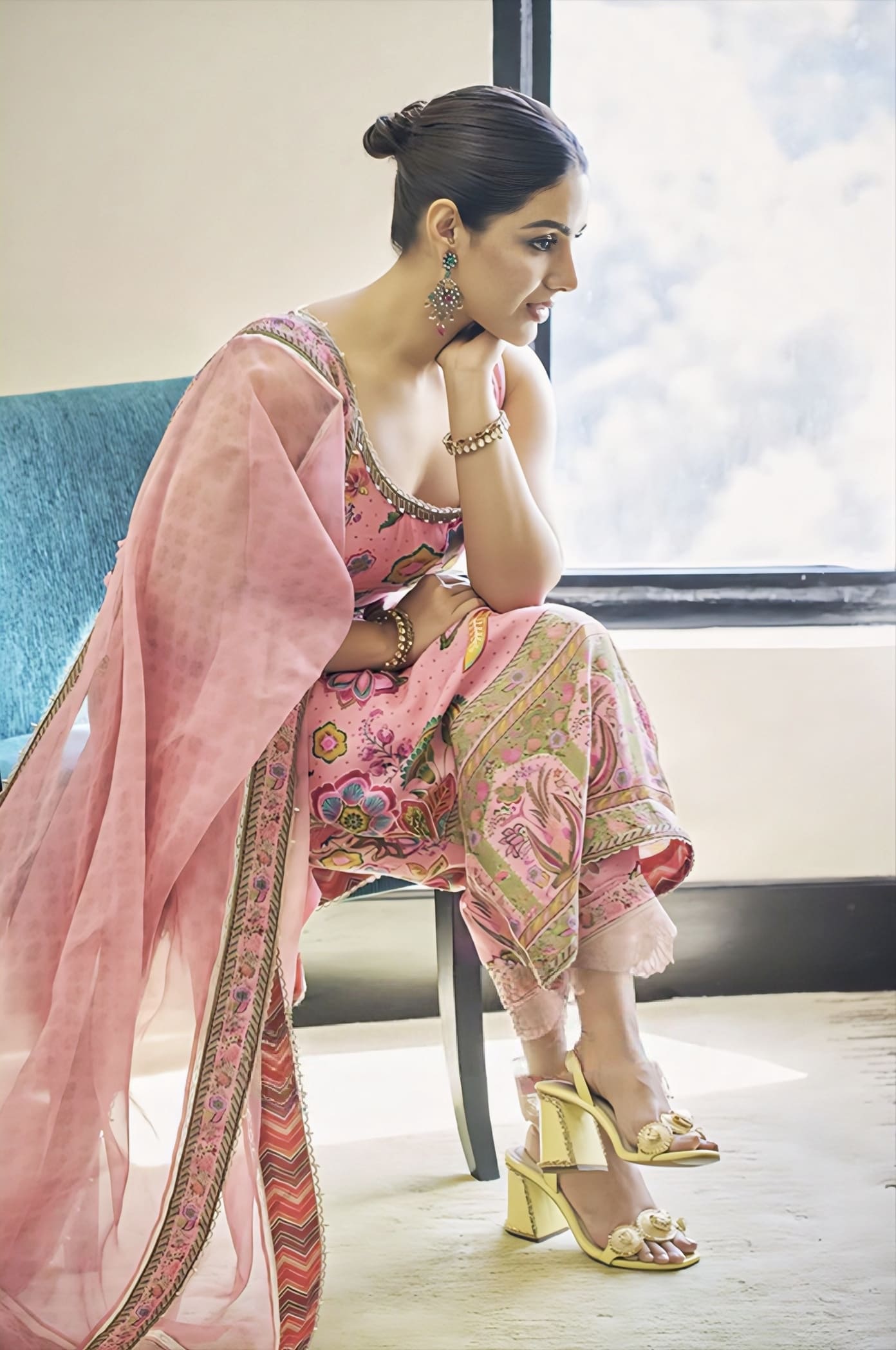 Samyuktha in Pankaja Anvita Kurta Set – Pink Silk Kota Embroidered Designer Kurta Set