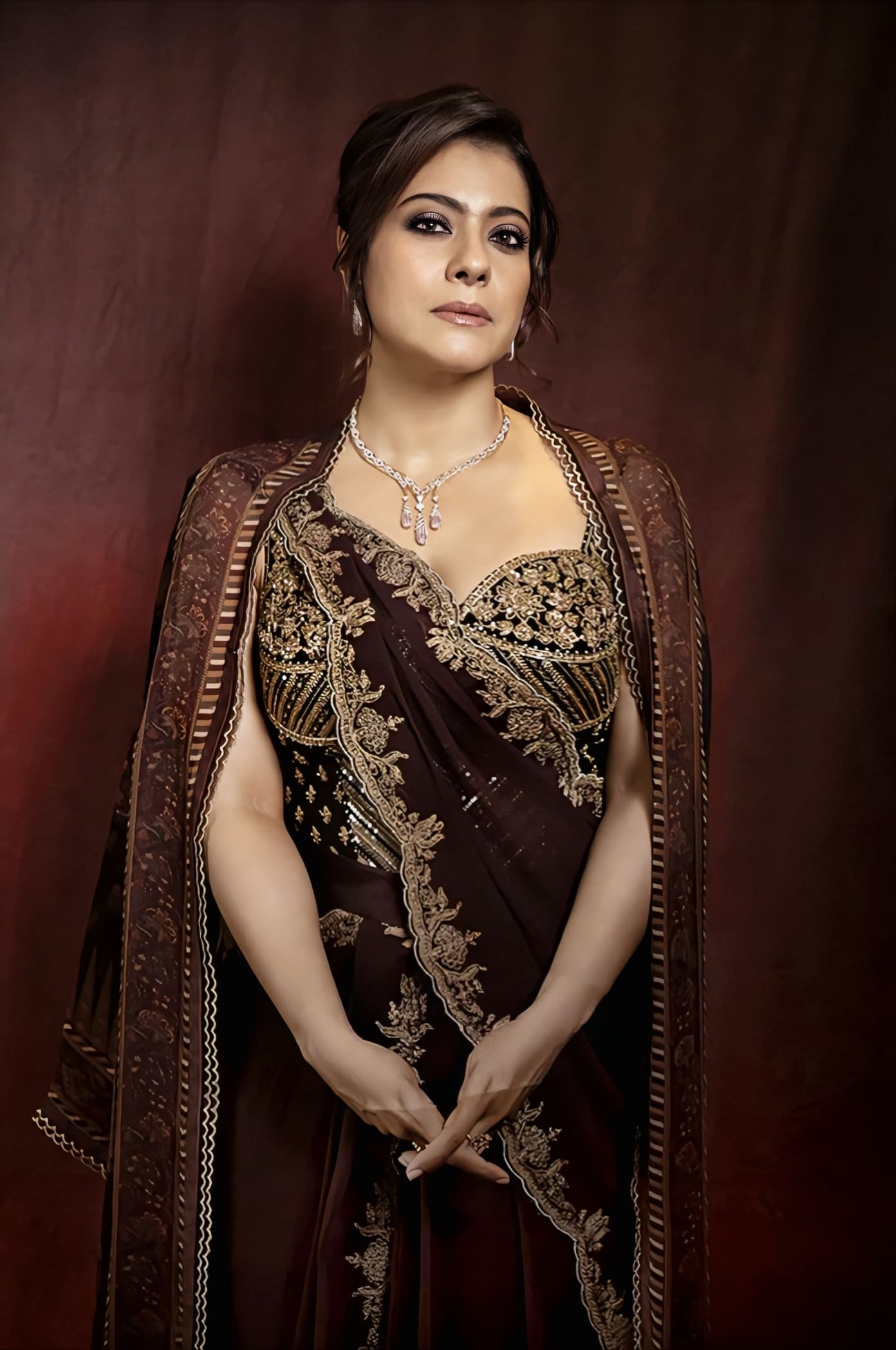 Kajol Devgan in Farishti Zareen Pre-Draped Saree Set – Maroon Georgette Embroidered Designer Saree with Jacket
