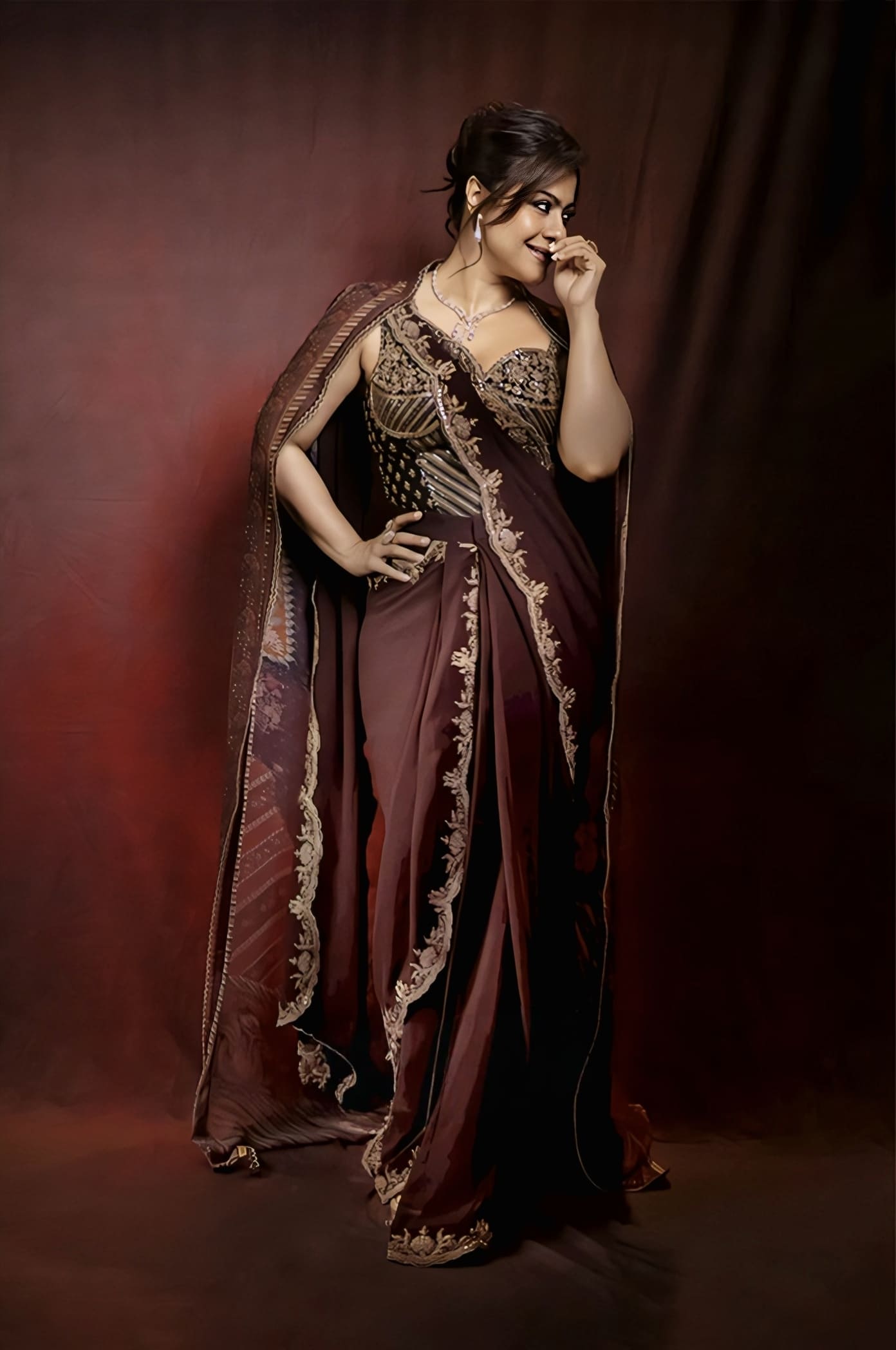 Maroon georgette pre draped saree with jacket inspired by Kajol Devgan