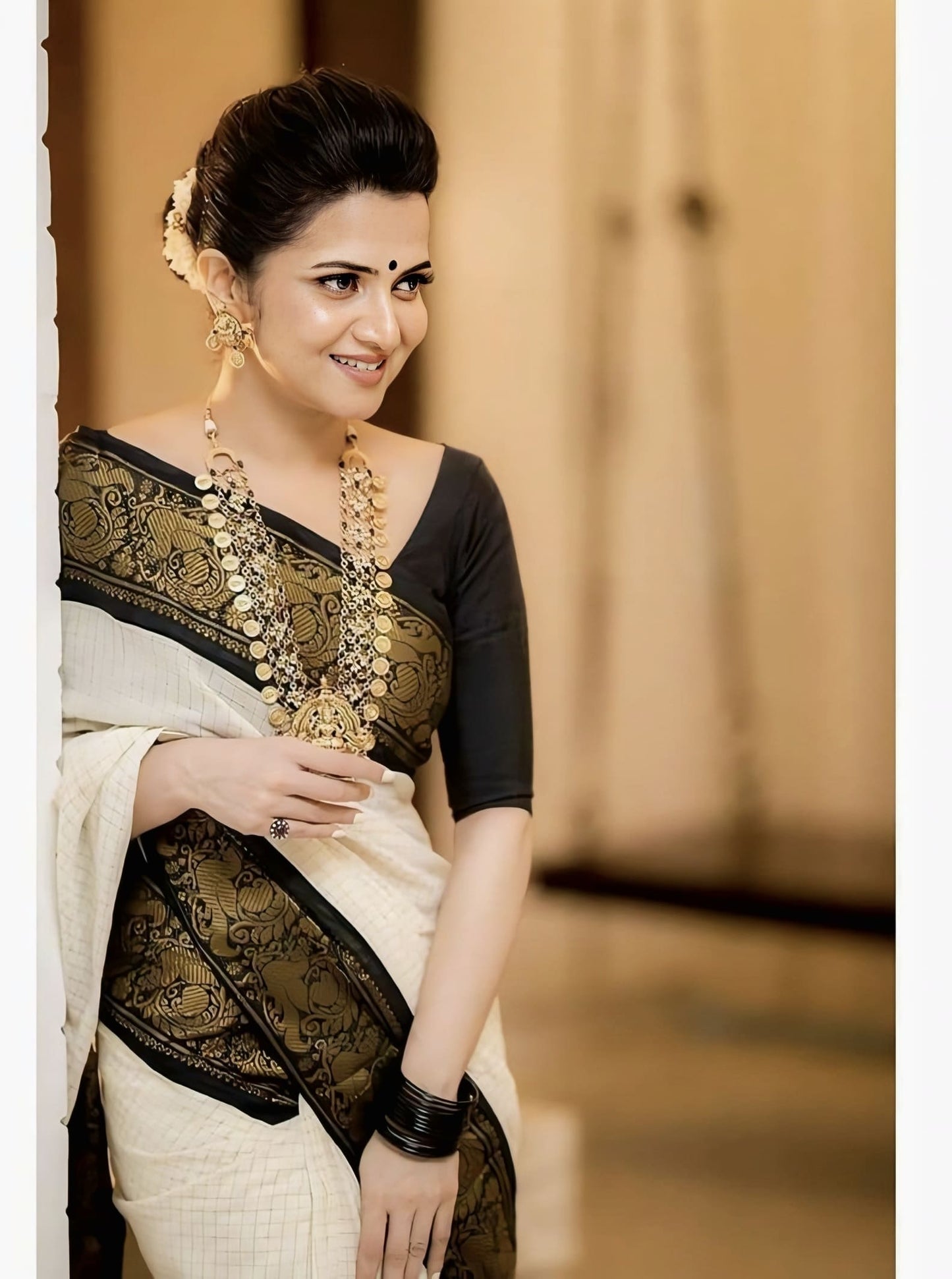 Moiety Off White Soft Banarasi Silk Saree with Jacquard Weave & Elegant Blouse Piece
