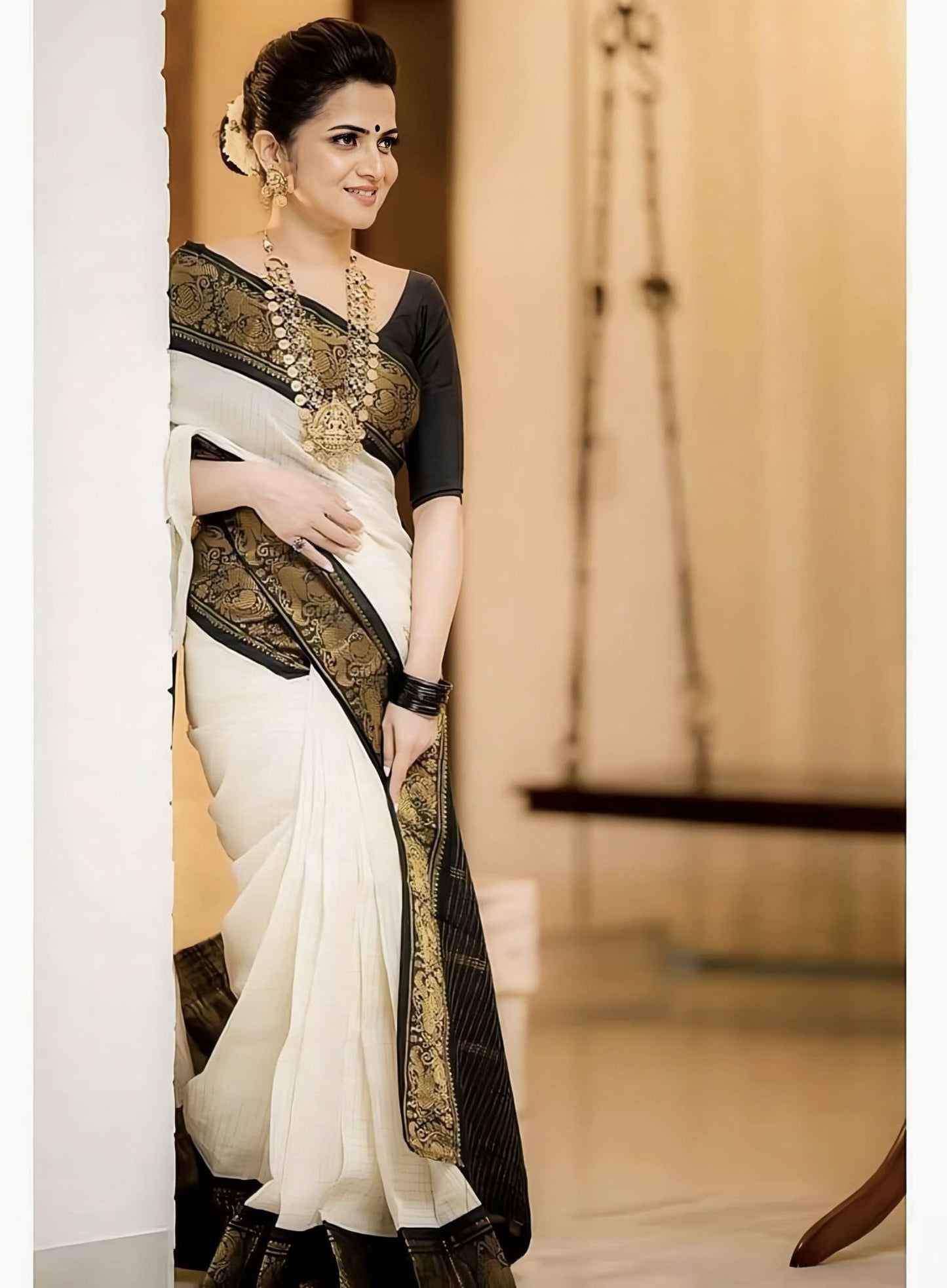 Moiety Off White Soft Banarasi Silk Saree with Jacquard Weave & Elegant Blouse Piece
