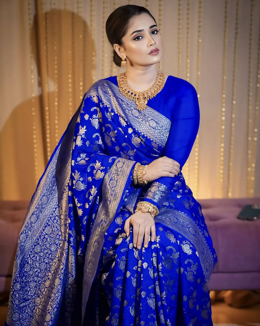 Pretty Royal Blue Soft Banarasi Silk Saree with Zari Weaving & Blouse Piece