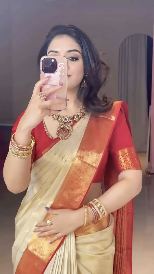 Desirable Beige Pure Banarasi Silk Saree with Jacquard Weaving & Blouse Piece