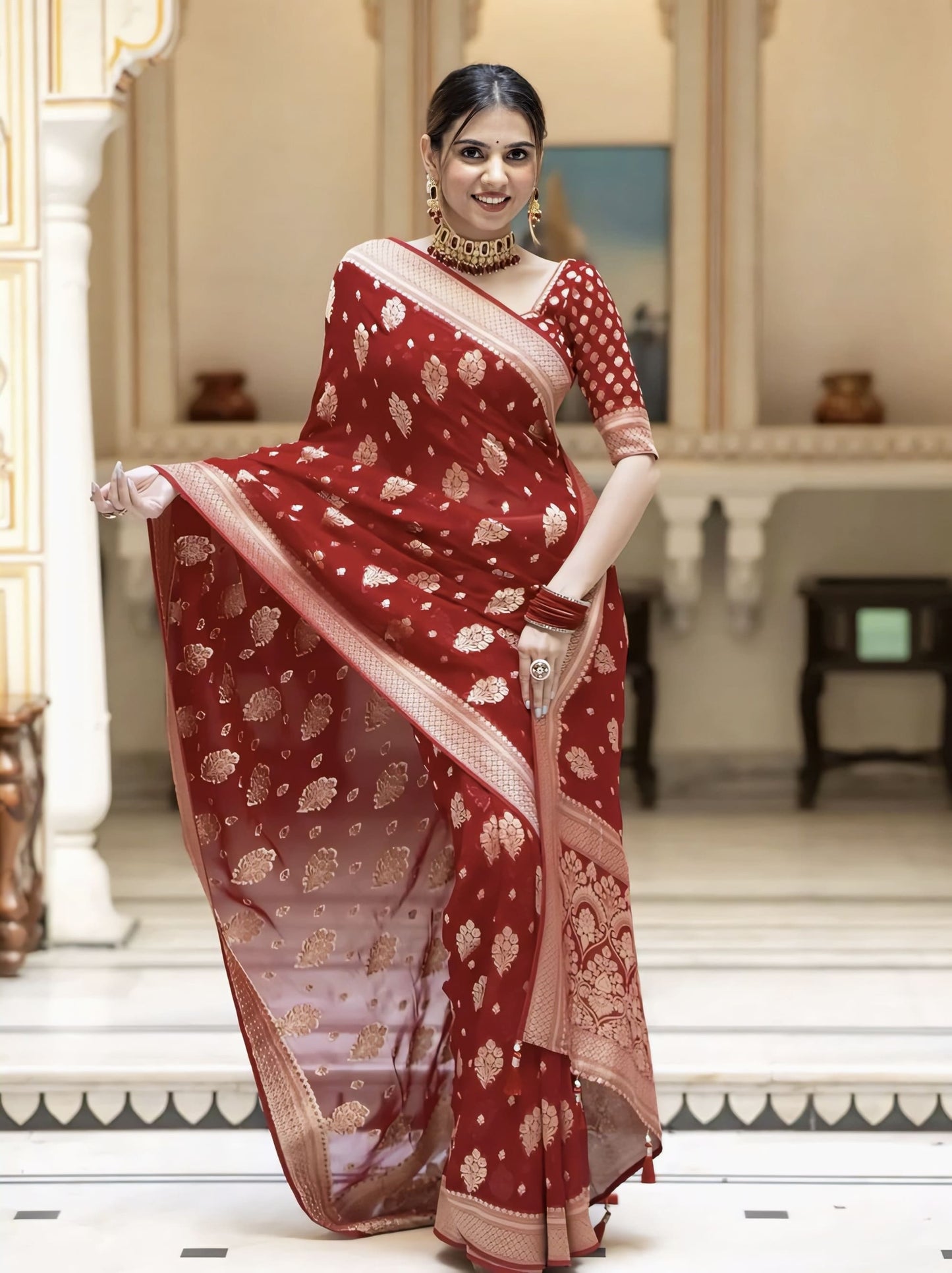 Ideal Red Soft Banarasi Silk Saree with Jacquard Weave & Blouse Piece