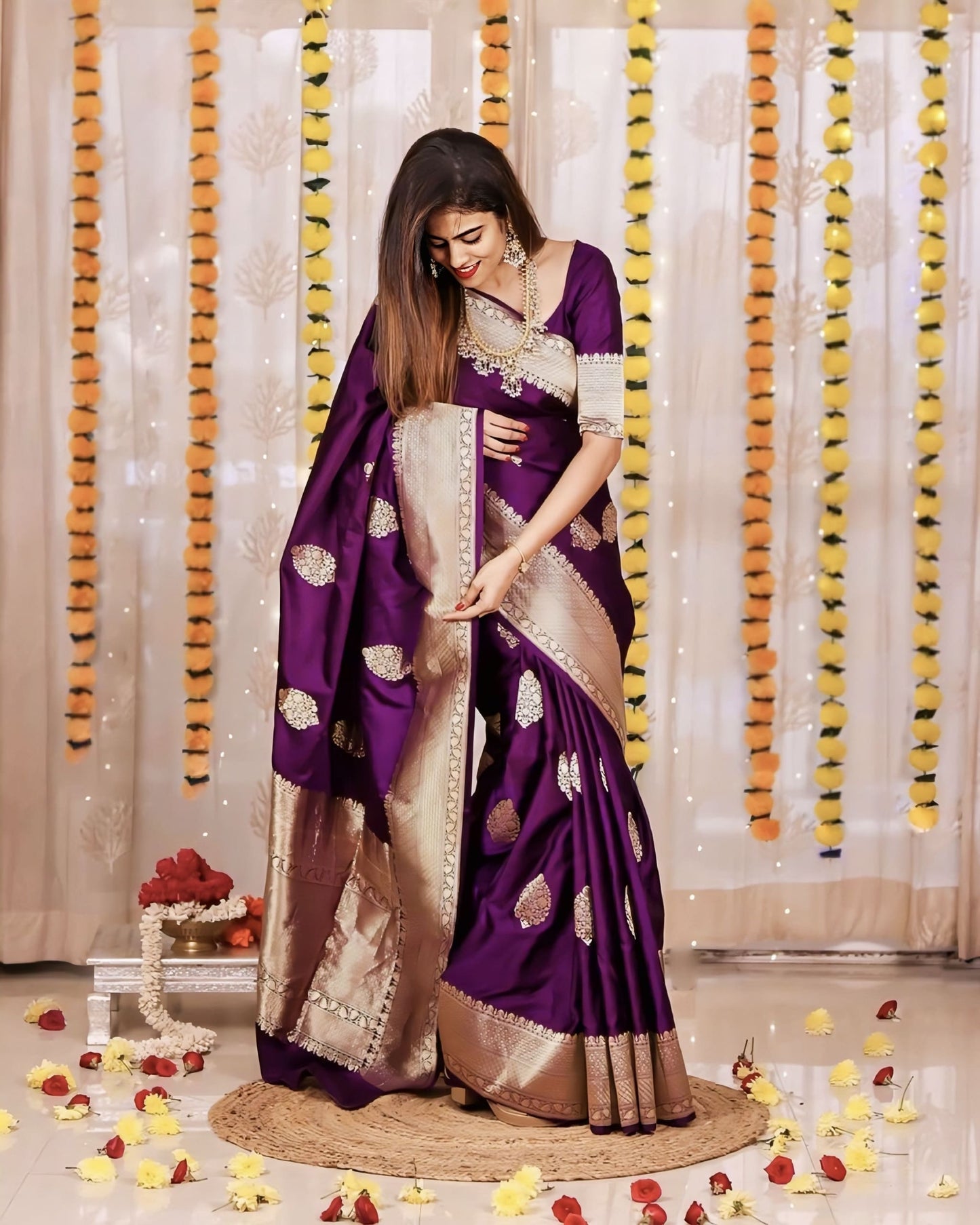 Splendorous Purple Soft Banarasi Silk Saree with Jacquard Weave & Blouse Piece