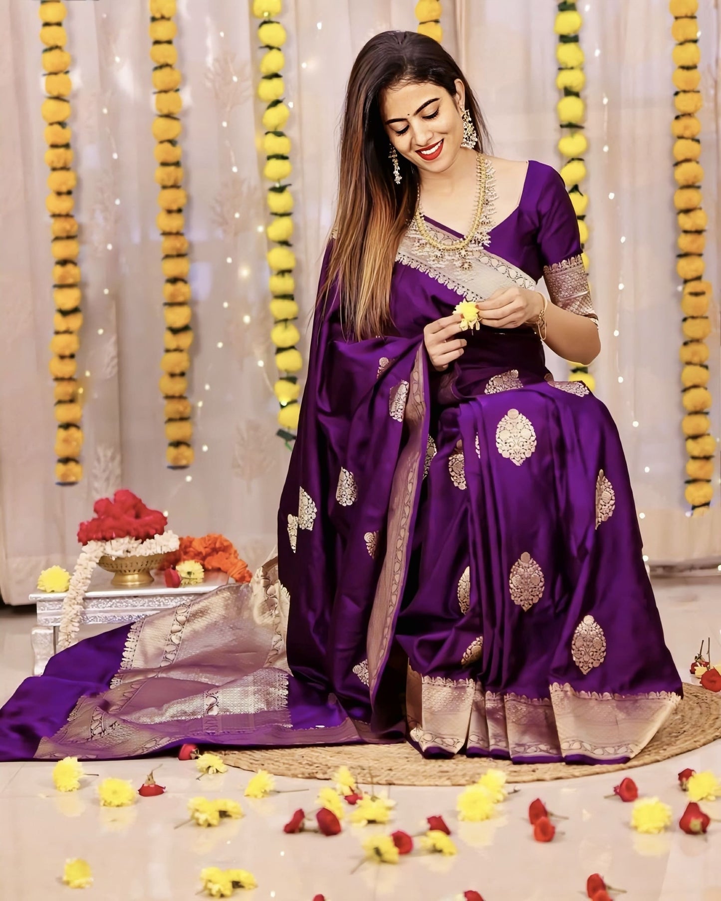Splendorous Purple Soft Banarasi Silk Saree with Jacquard Weave & Blouse Piece