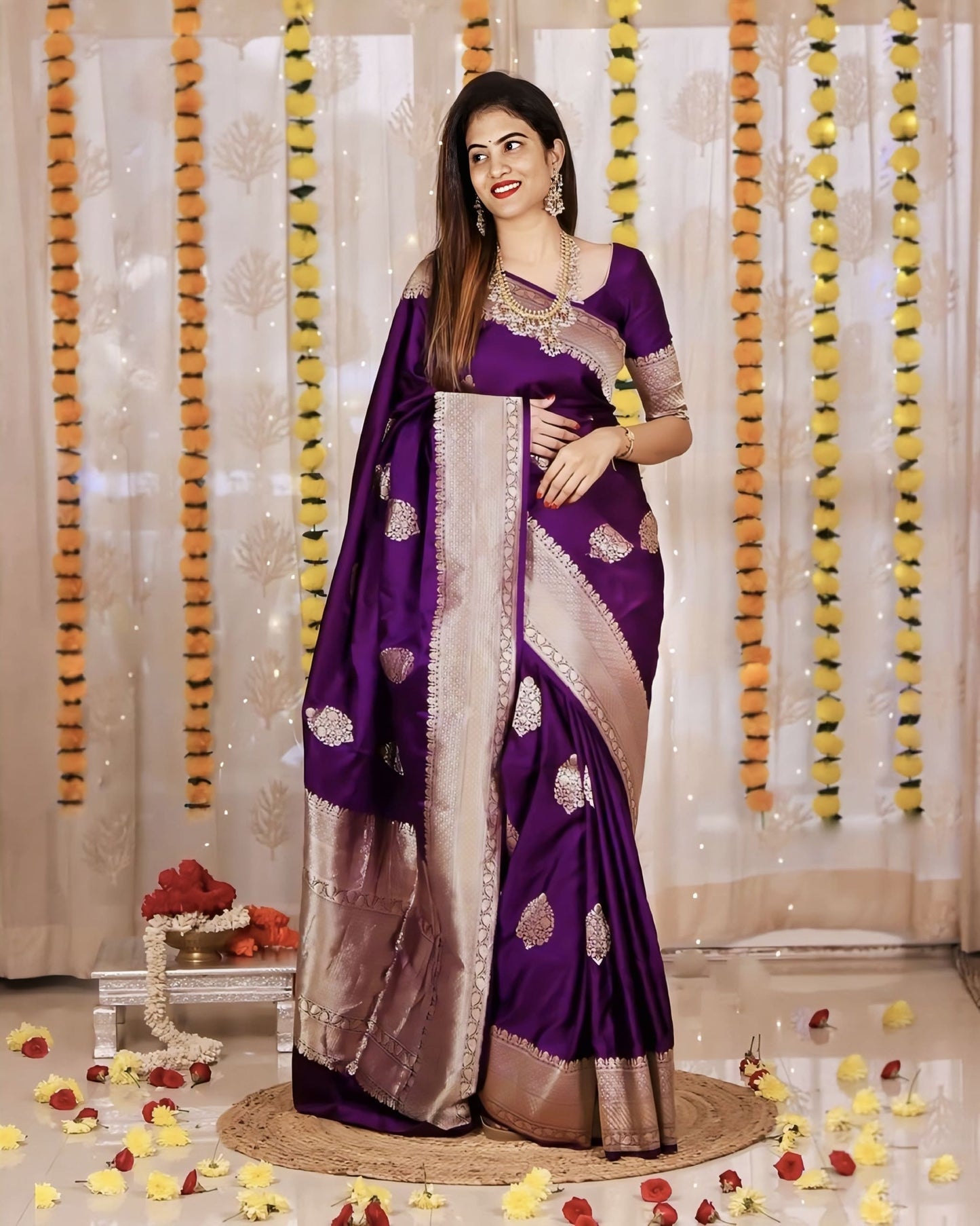 Splendorous Purple Soft Banarasi Silk Saree with Jacquard Weave & Blouse Piece