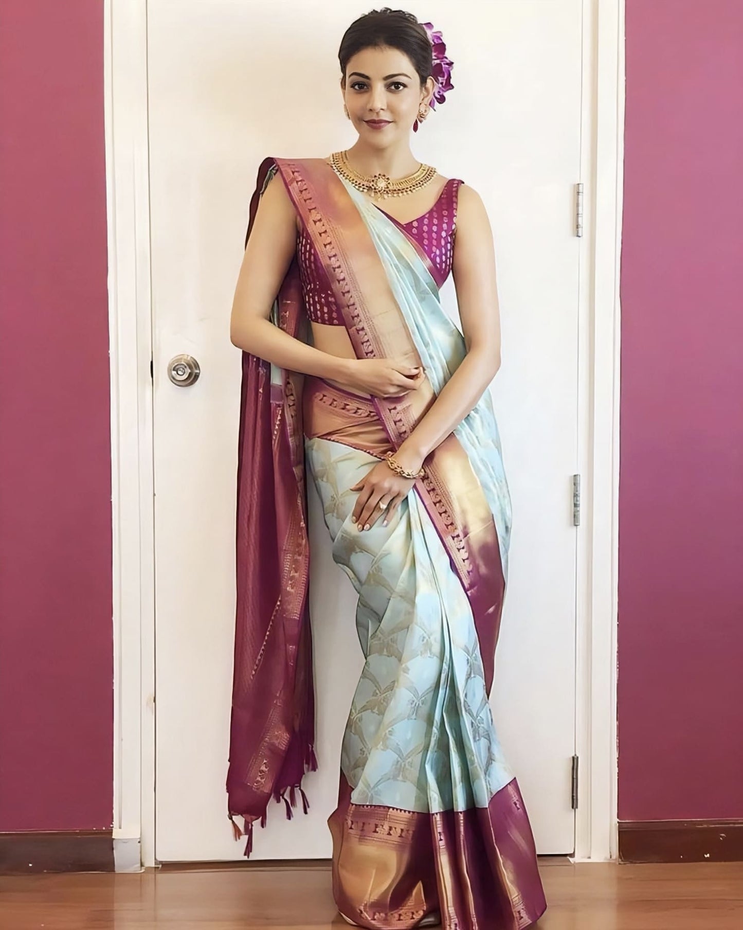 Tremendous Sky Blue Soft Banarasi Silk Saree with Jacquard Weave & Contrast Wine Blouse Piece