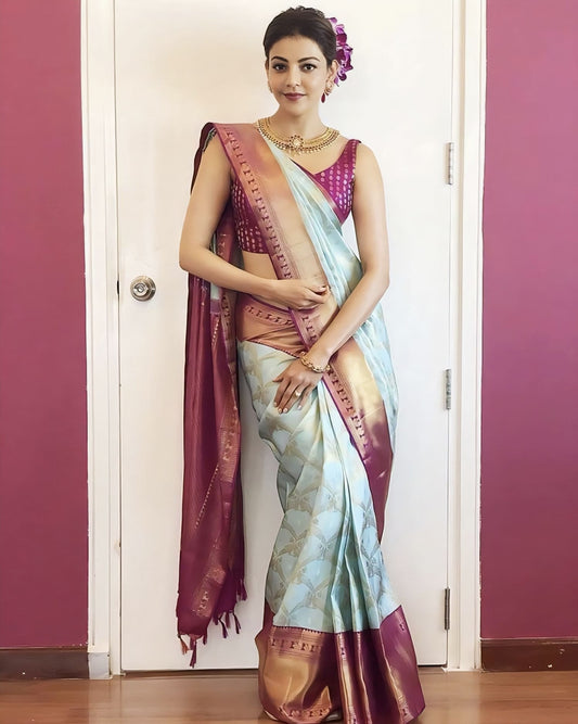 Tremendous Sky Blue Soft Banarasi Silk Saree with Jacquard Weave & Contrast Wine Blouse Piece