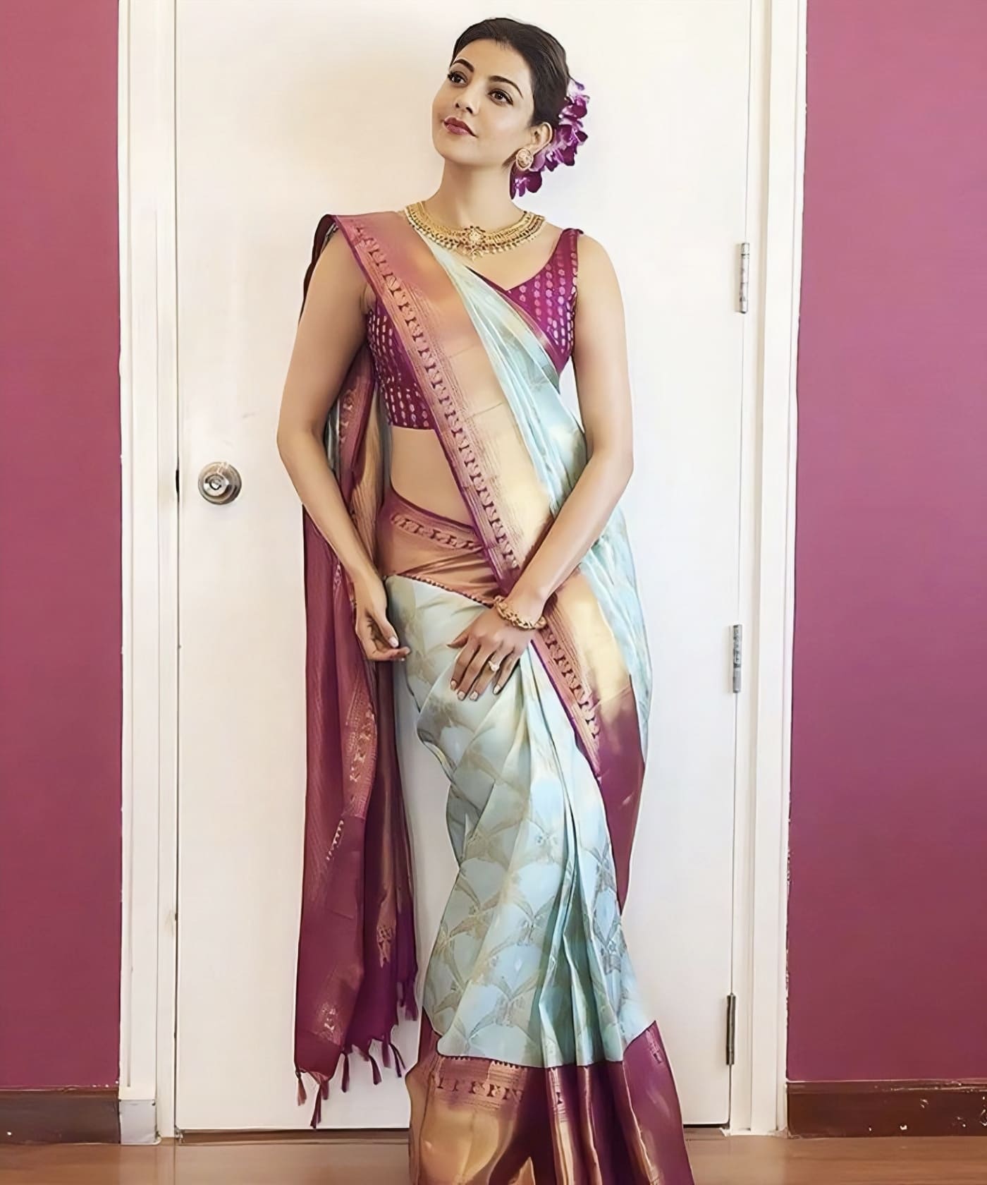 Tremendous Sky Blue Soft Banarasi Silk Saree with Jacquard Weave & Contrast Wine Blouse Piece