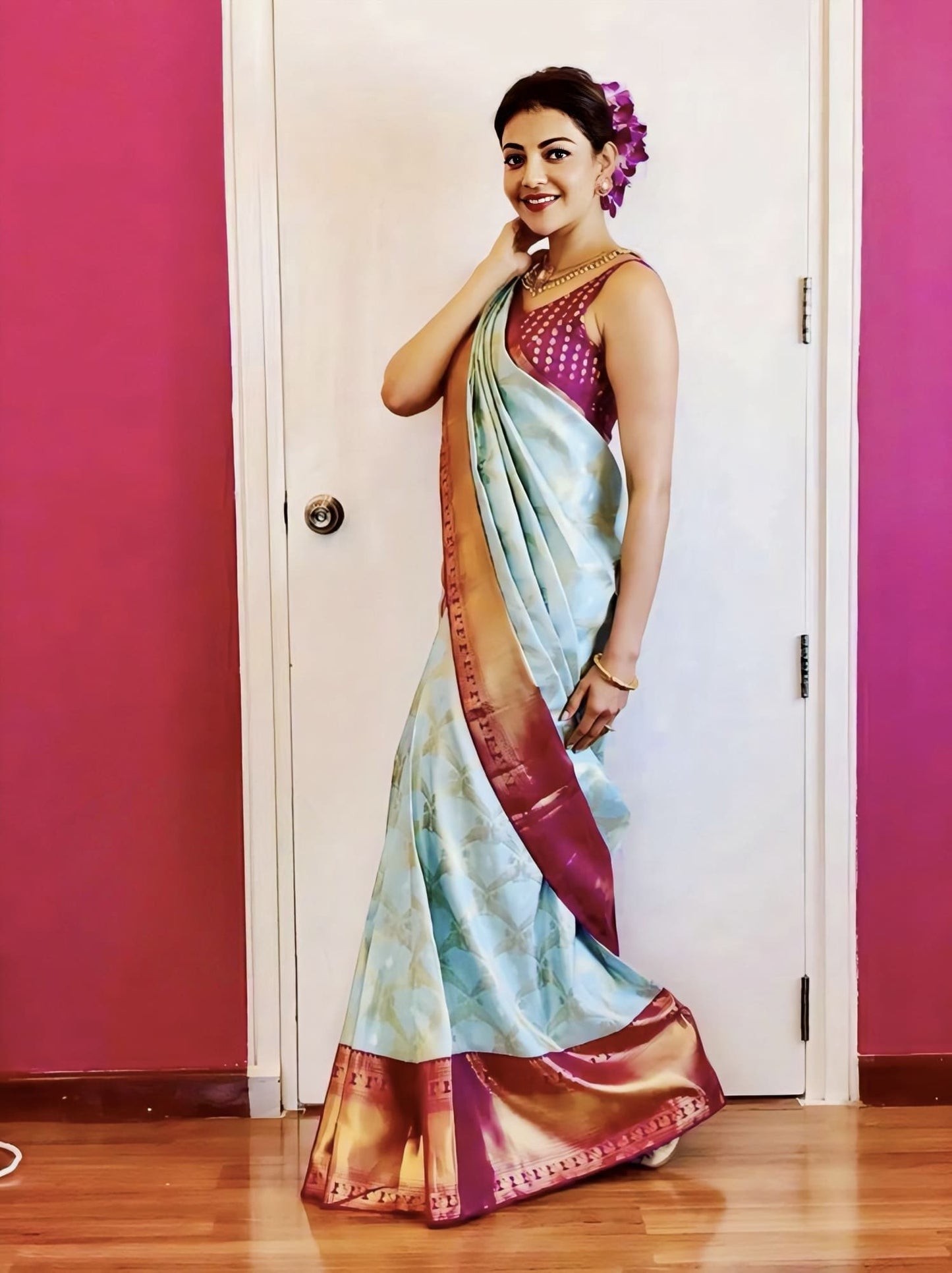 Tremendous Sky Blue Soft Banarasi Silk Saree with Jacquard Weave & Contrast Wine Blouse Piece
