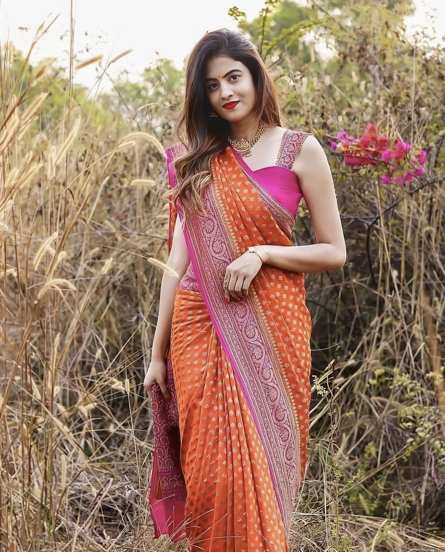 Prettiest Orange Soft Banarasi Silk Saree with Jacquard Weave & Blouse Piece