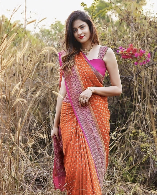 Prettiest Orange Soft Banarasi Silk Saree with Jacquard Weave & Blouse Piece