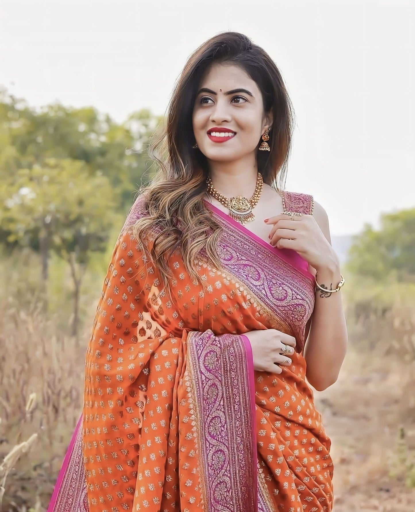 Prettiest Orange Soft Banarasi Silk Saree with Jacquard Weave & Blouse Piece