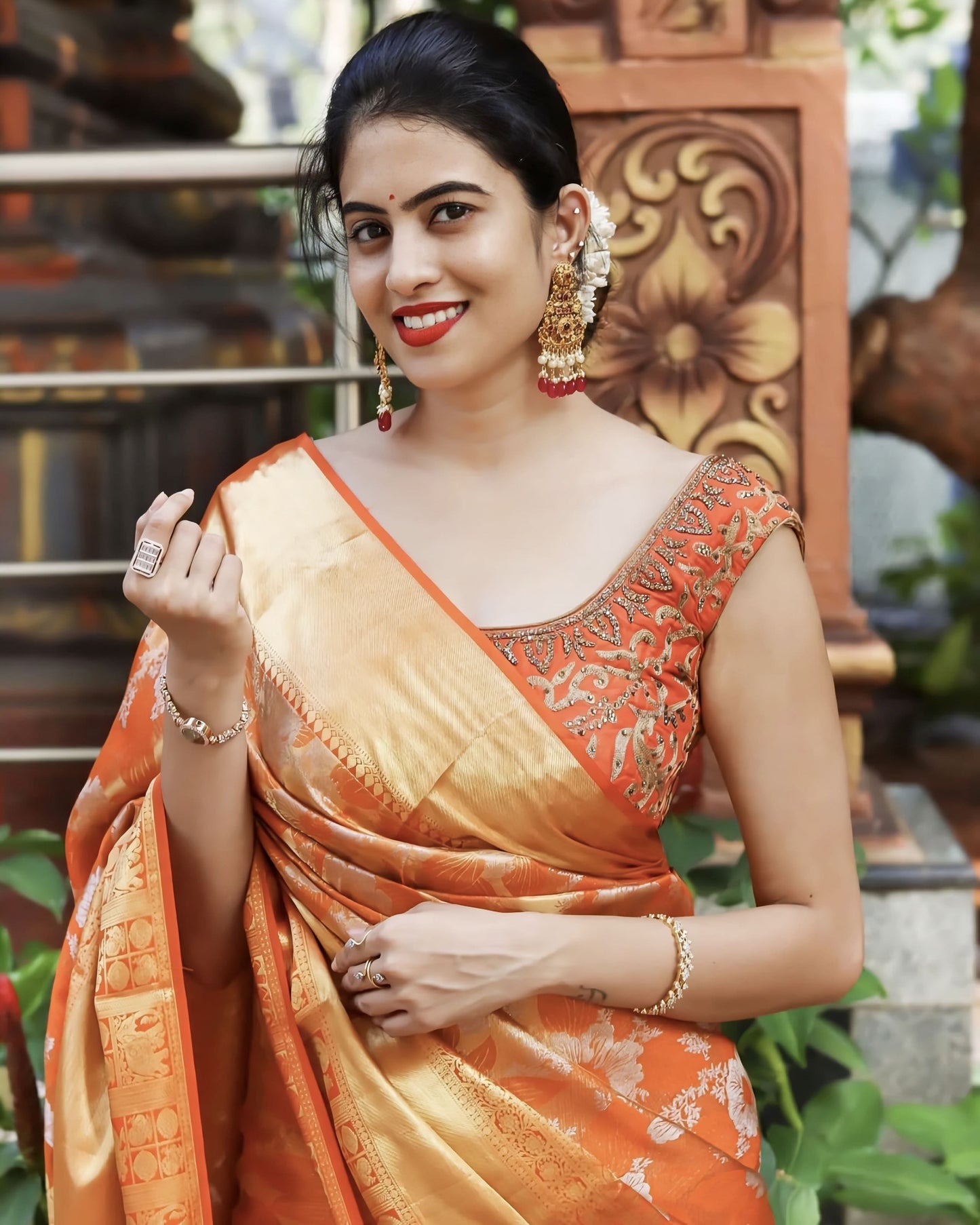 Felicitous Orange Soft Banarasi Silk Saree with Jacquard Weave & Blouse Piece