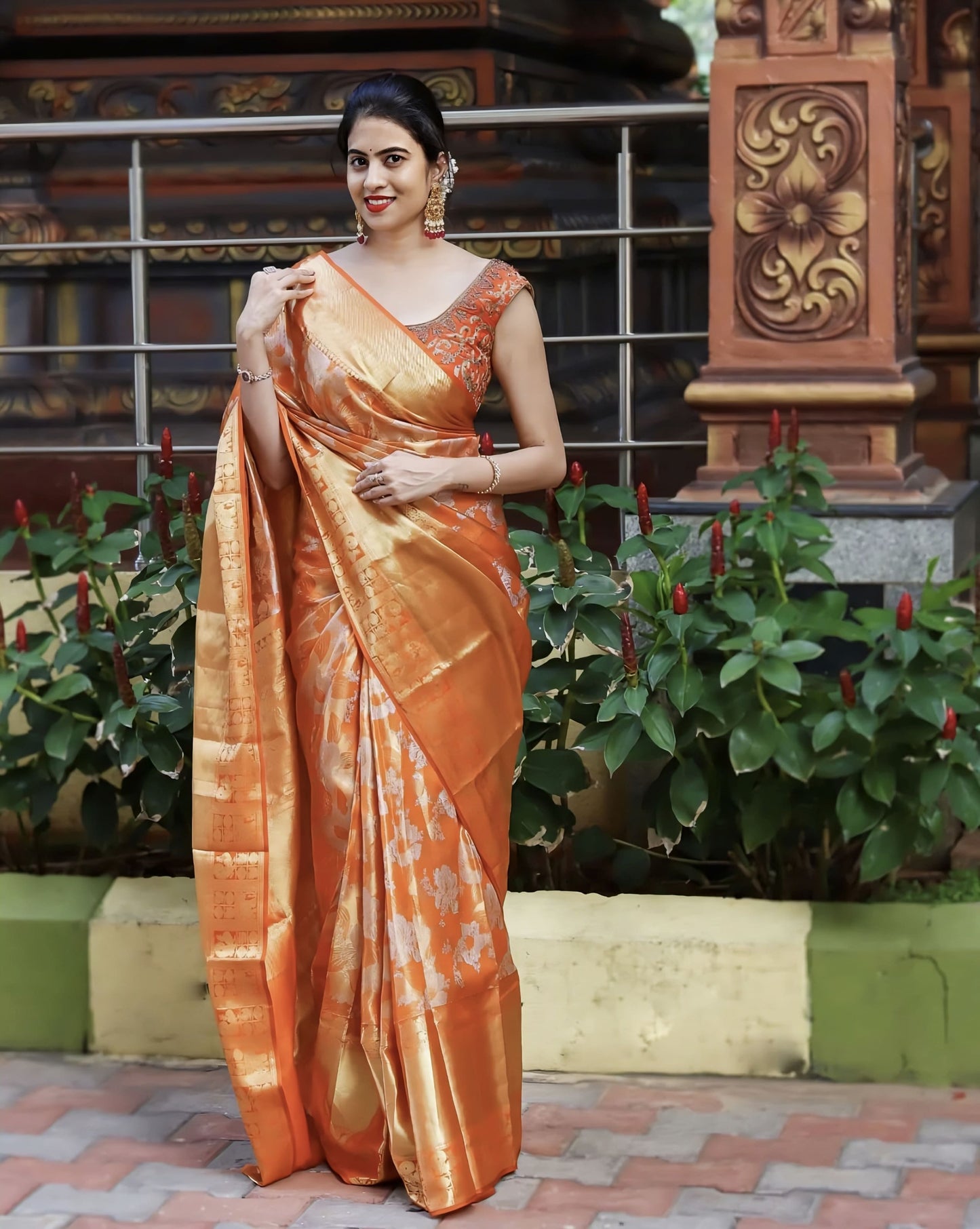Felicitous Orange Soft Banarasi Silk Saree with Jacquard Weave & Blouse Piece