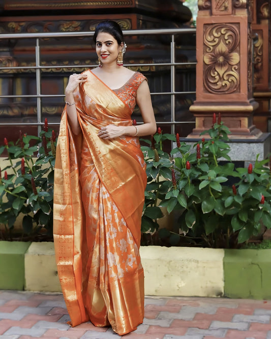 Felicitous Orange Soft Banarasi Silk Saree with Jacquard Weave & Blouse Piece