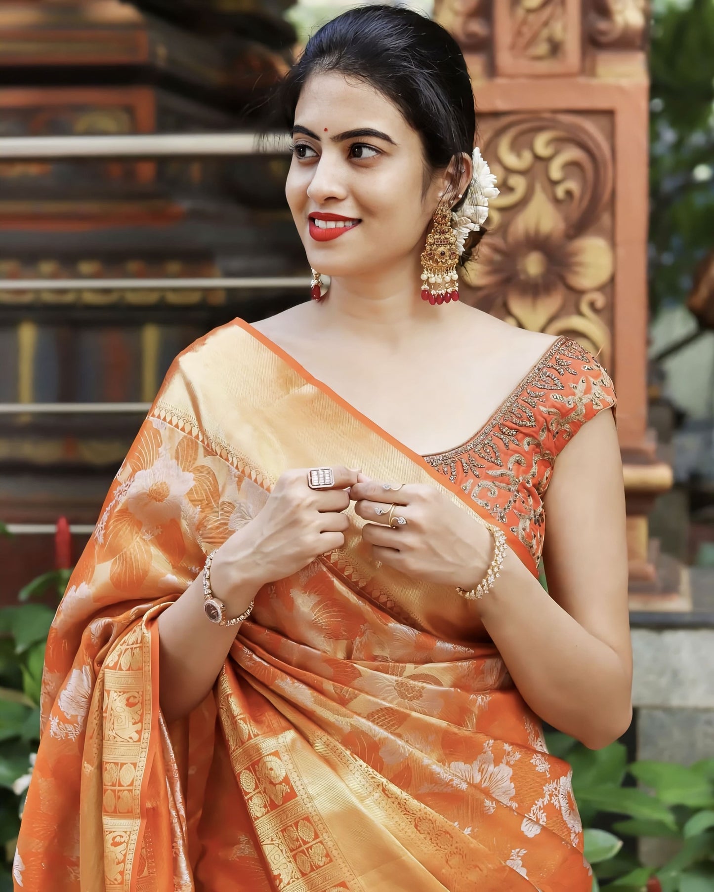 Felicitous Orange Soft Banarasi Silk Saree with Jacquard Weave & Blouse Piece