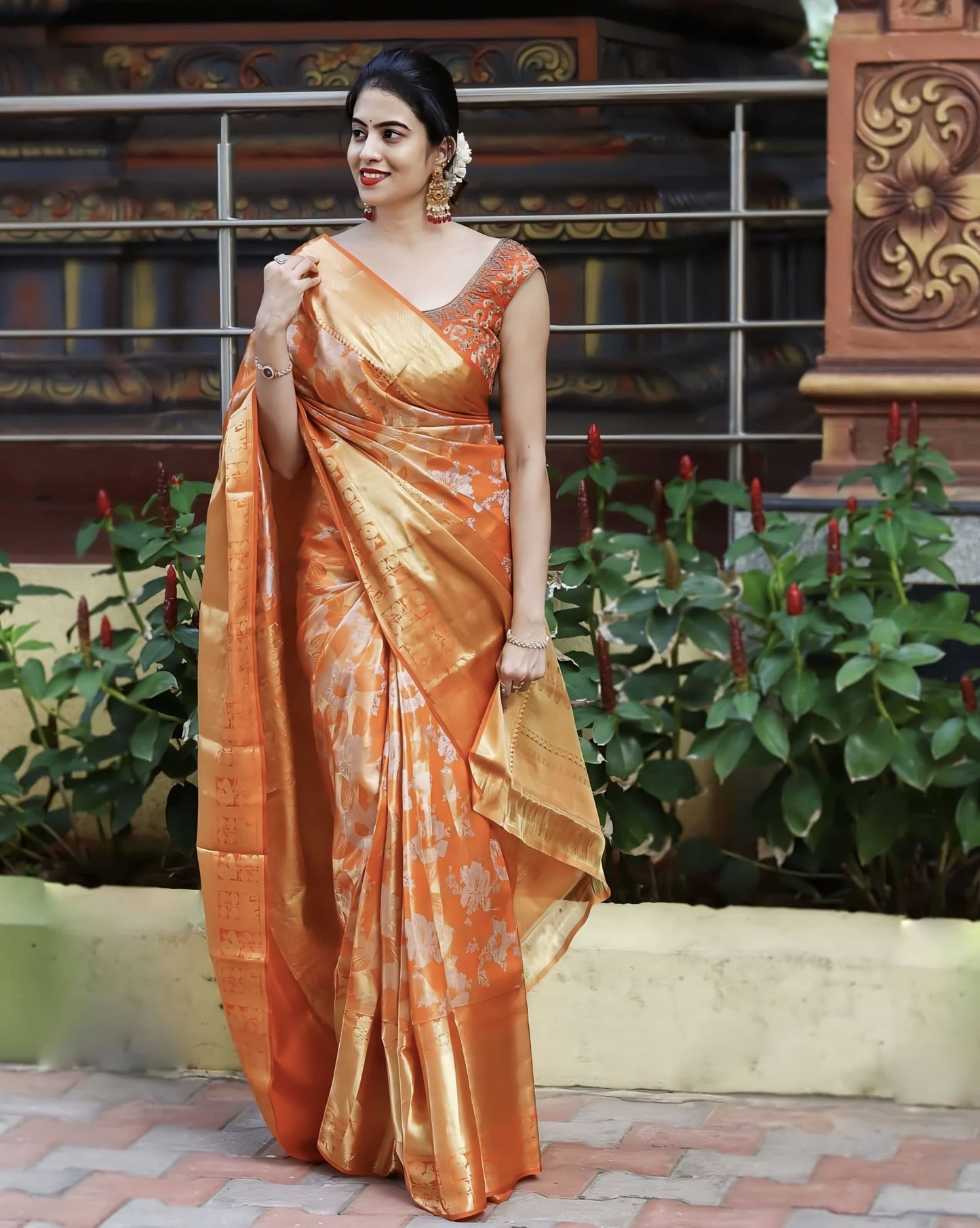 Felicitous Orange Soft Banarasi Silk Saree with Jacquard Weave & Blouse Piece