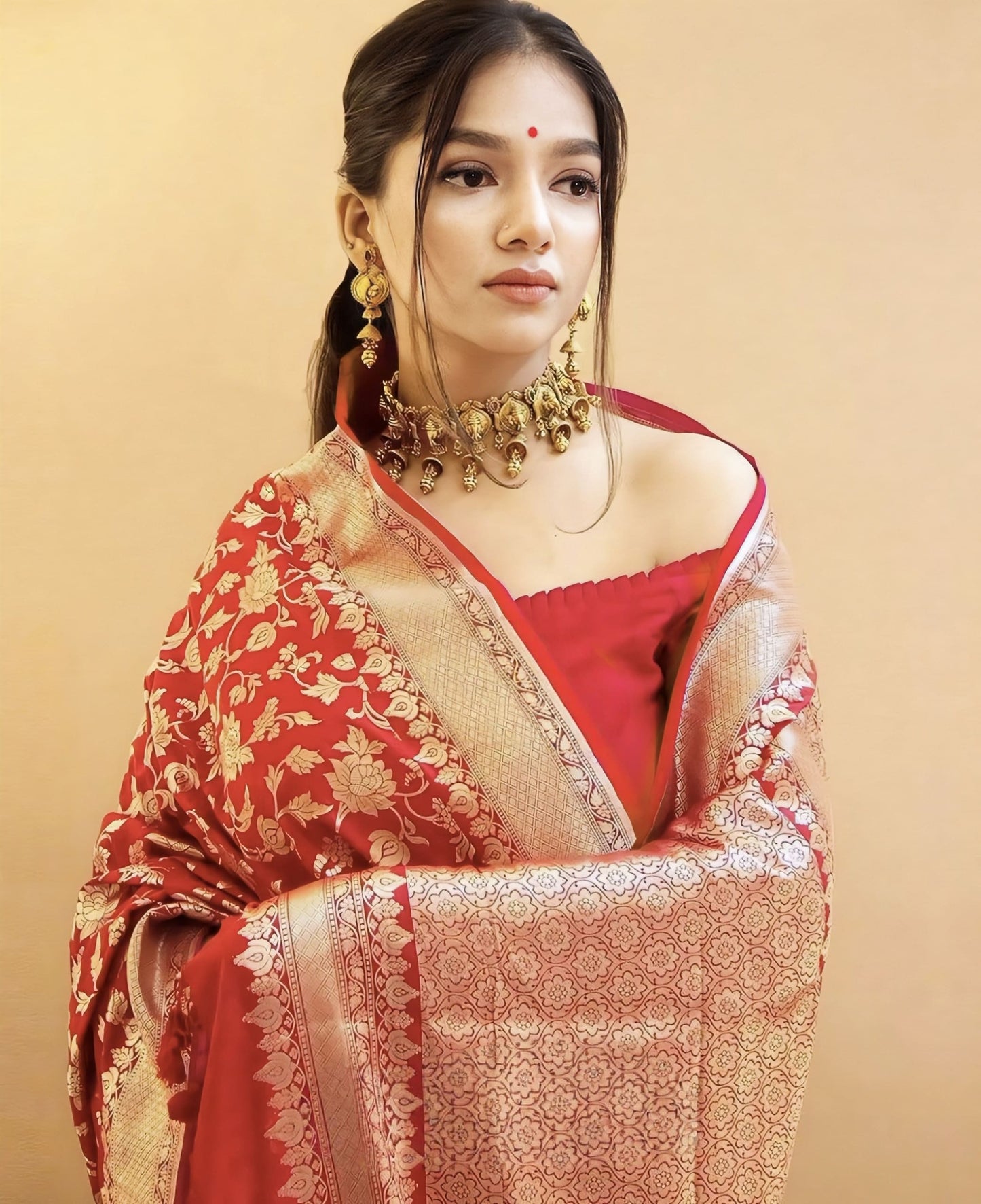 Red Soft Banarasi Silk Saree with Jacquard Weave & Matching Blouse Piece