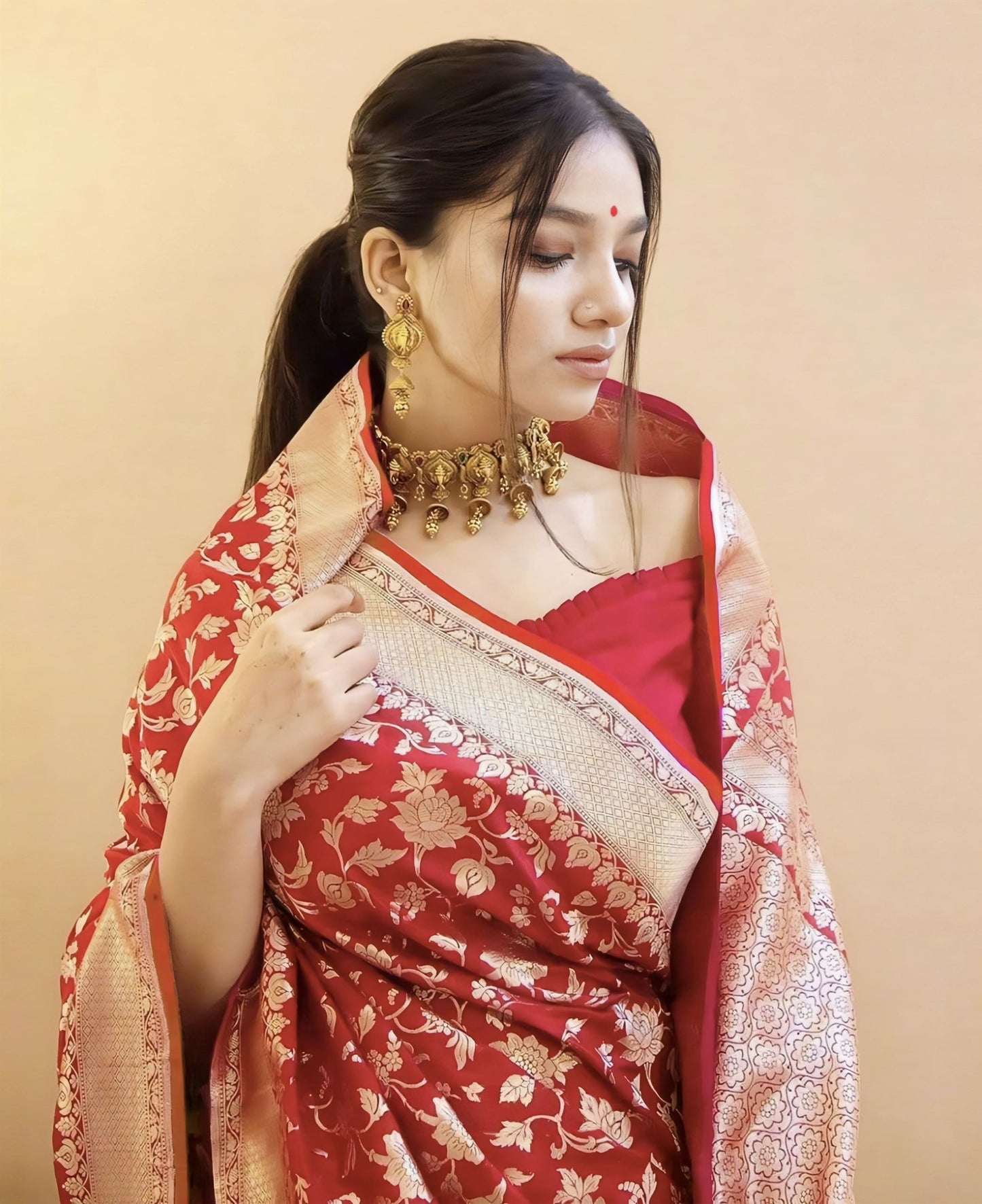 Red Soft Banarasi Silk Saree with Jacquard Weave & Matching Blouse Piece