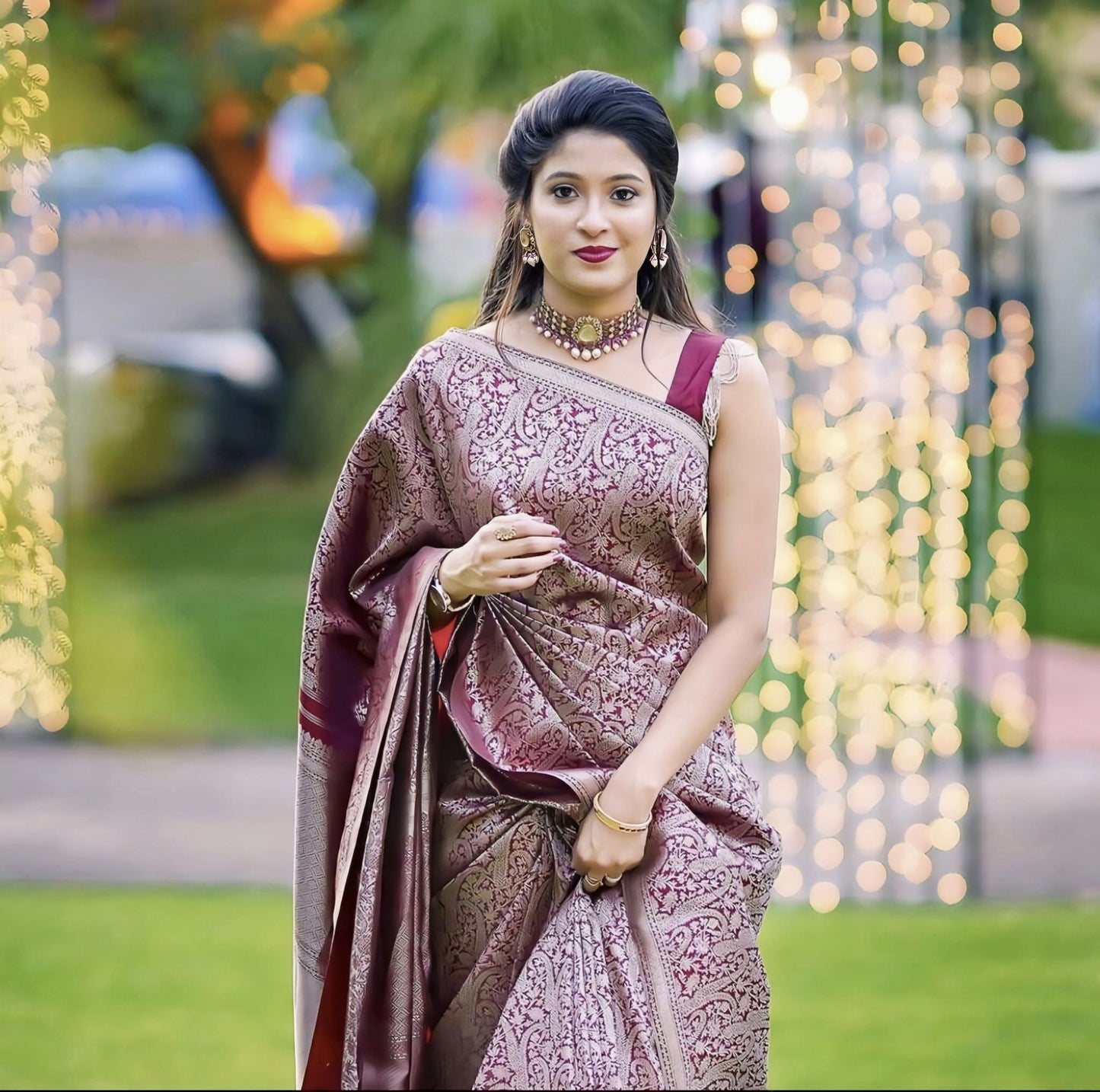 Wine Soft Banarasi Silk Saree with Jacquard Weave & Matching Blouse Piece