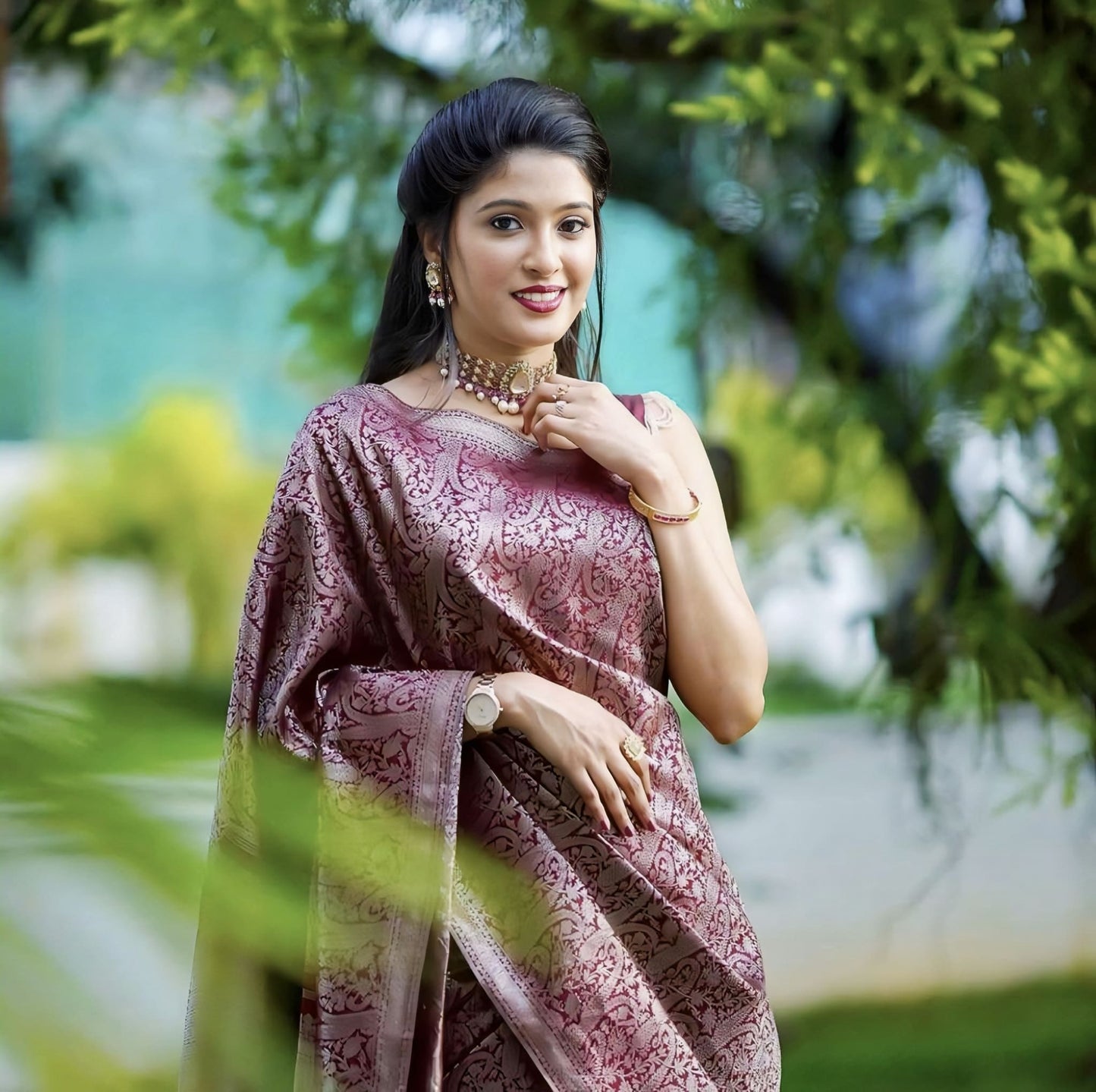 Wine Soft Banarasi Silk Saree with Jacquard Weave & Matching Blouse Piece