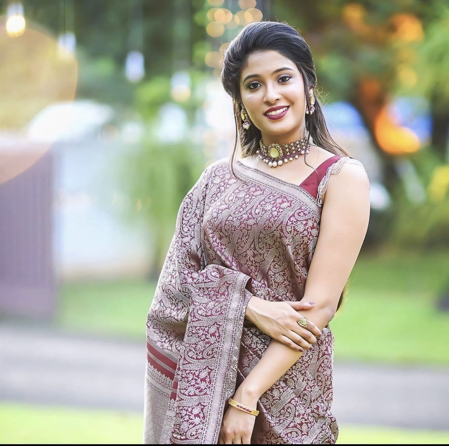 Wine Soft Banarasi Silk Saree with Jacquard Weave & Matching Blouse Piece