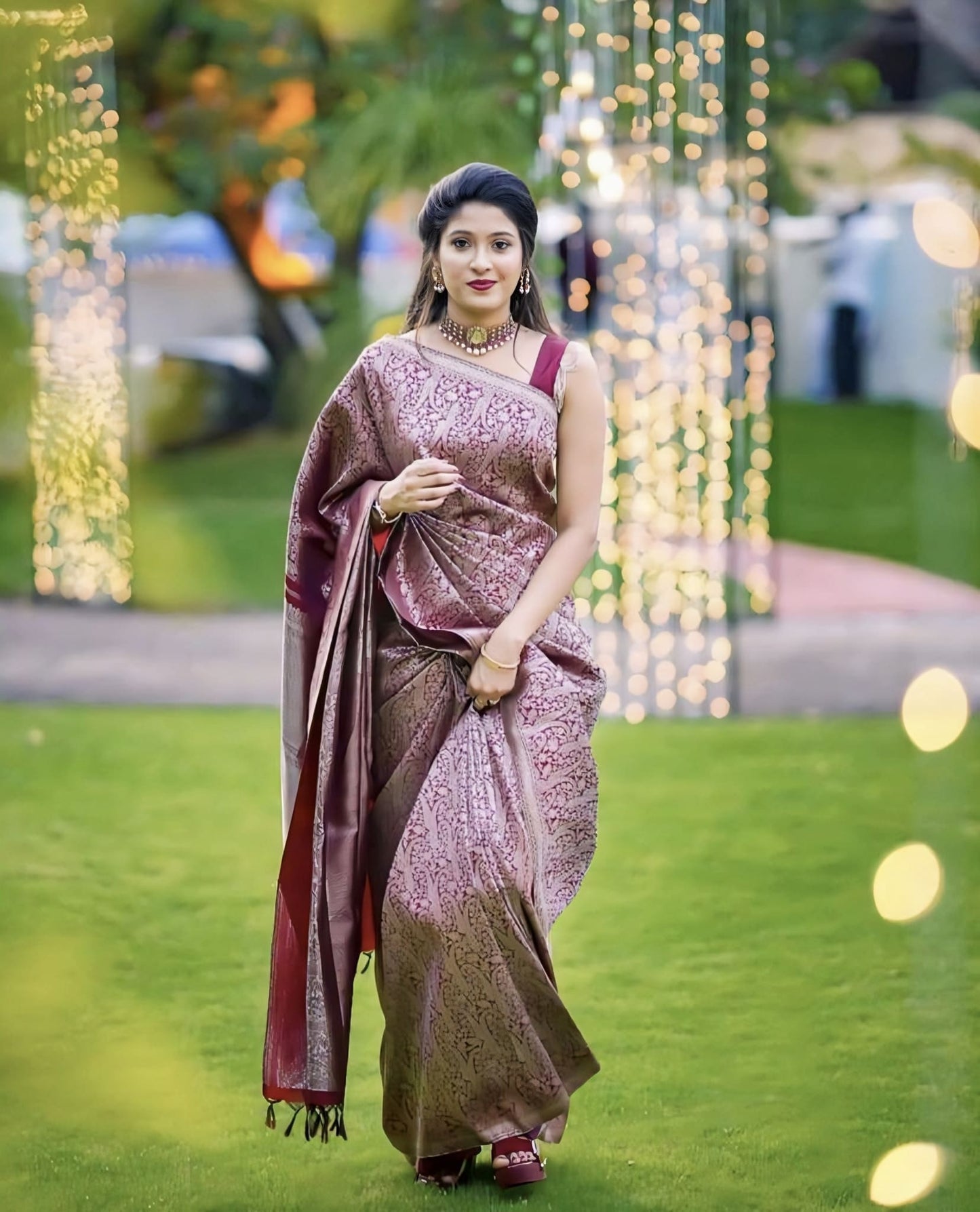 Wine Soft Banarasi Silk Saree with Jacquard Weave & Matching Blouse Piece