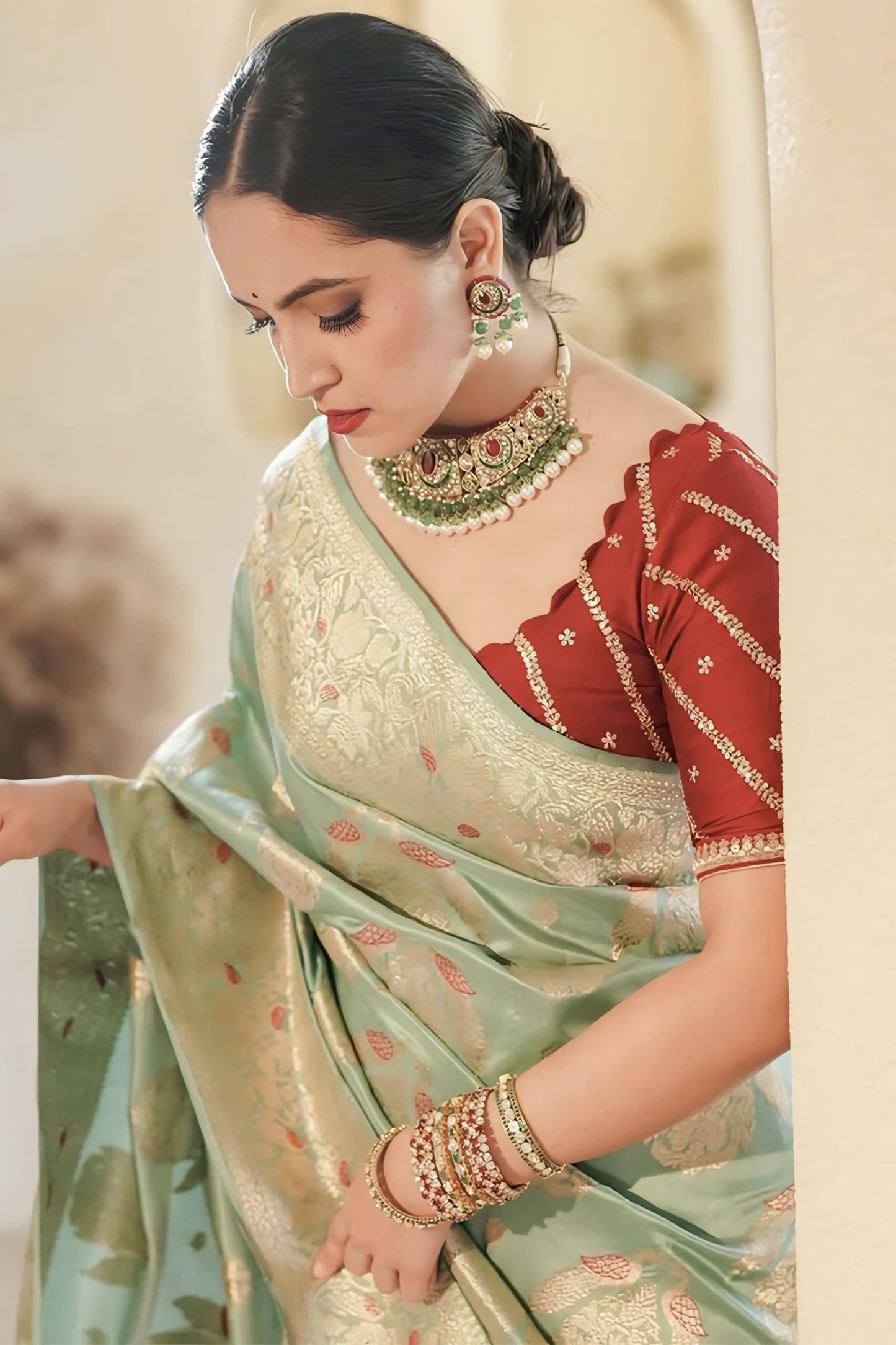 Sea Green Soft Silk Saree with Jacquard Weave & Contrast Red Blouse Piece