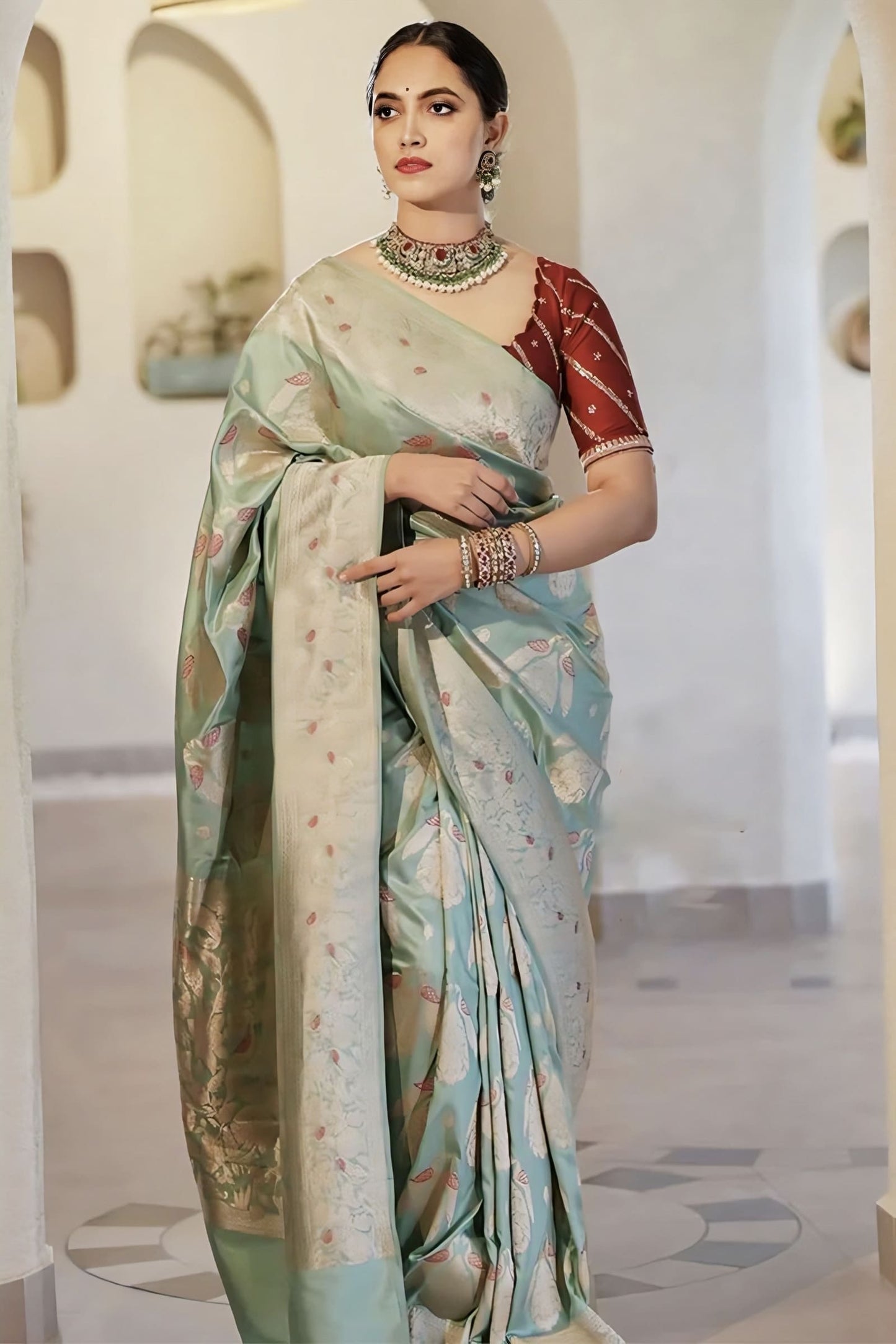 Sea Green Soft Silk Saree with Jacquard Weave & Contrast Red Blouse Piece