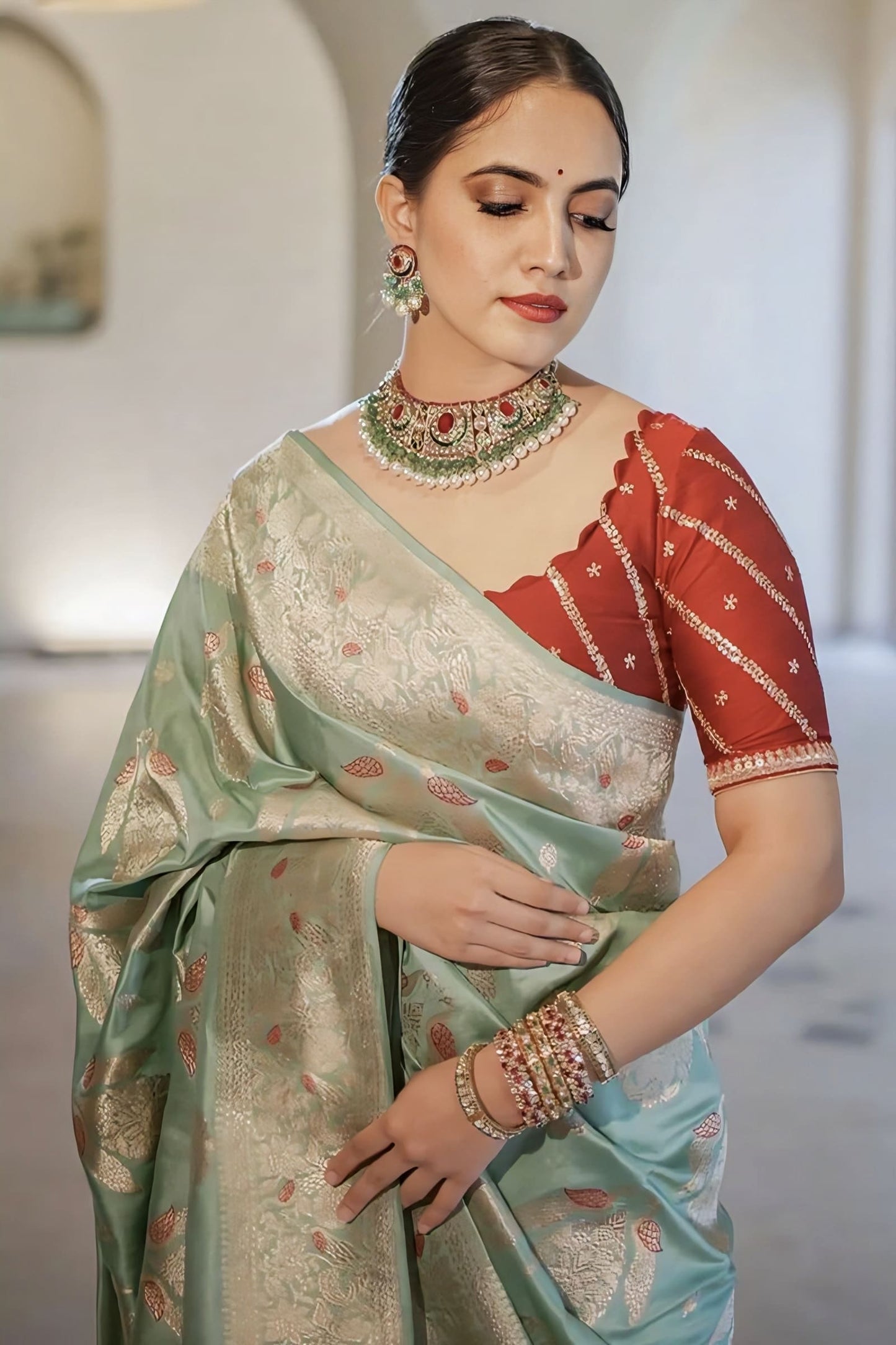 Sea Green Soft Silk Saree with Jacquard Weave & Contrast Red Blouse Piece
