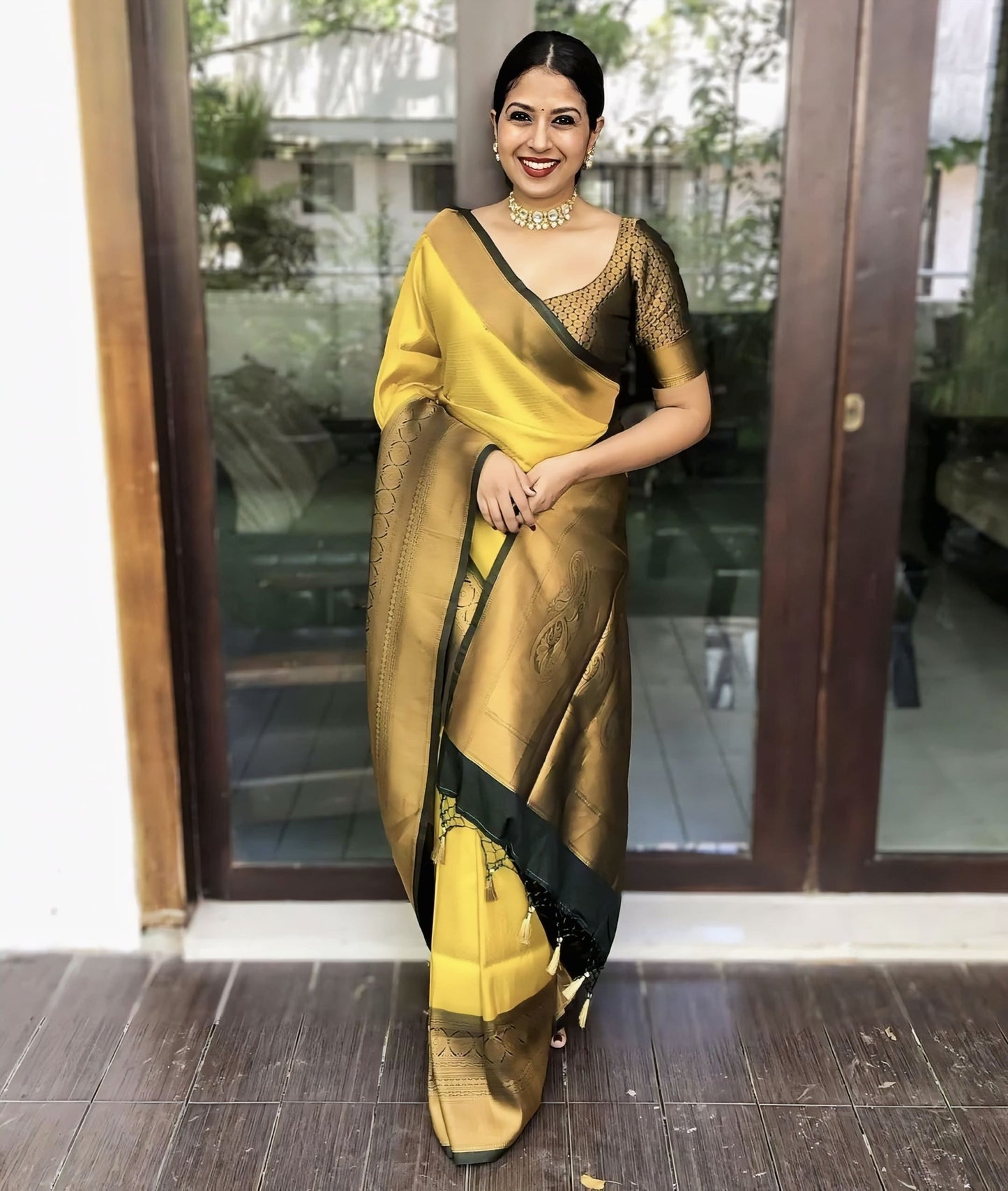Yellow Soft Banarasi Silk Saree with Jacquard Weave & Contrast Black Blouse Piece