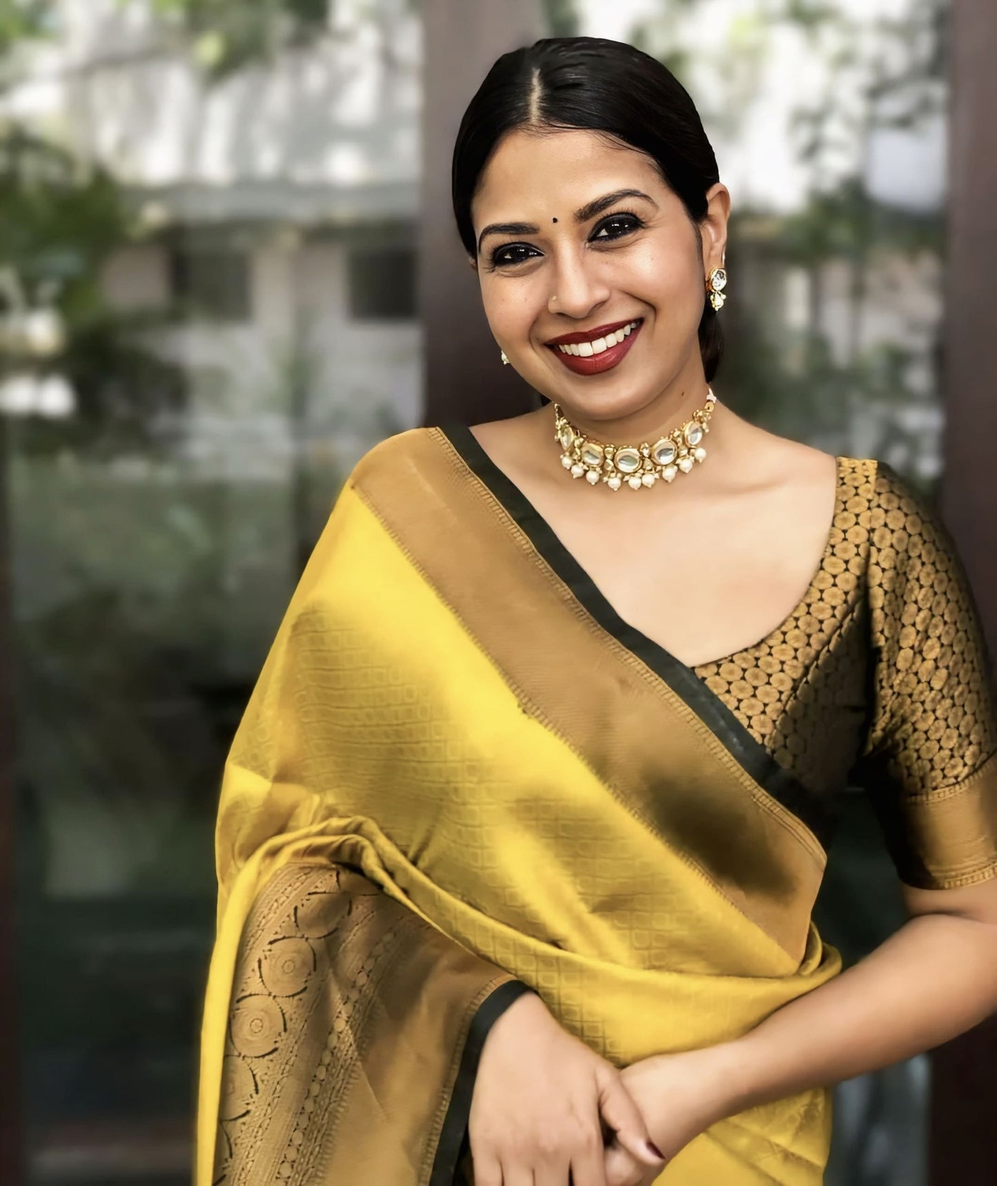 Yellow Soft Banarasi Silk Saree with Jacquard Weave & Contrast Black Blouse Piece