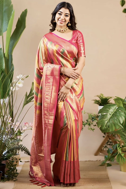 Multicolor Banarasi Silk Saree with Zari Weaving & Contrast Dark Pink Blouse Piece